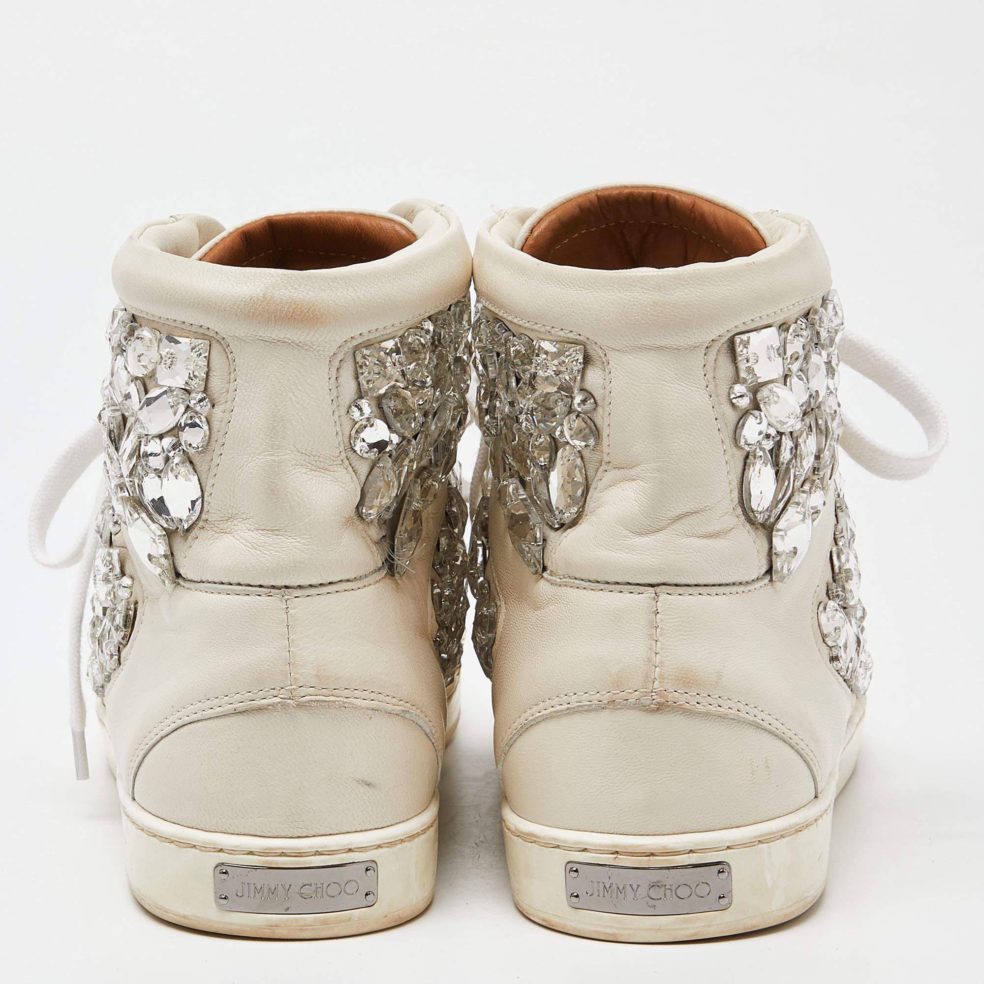 Jimmy Choo White Leather Tokyo Crystal Embellished High Top Sneakers Size 37.5 For Sale 1