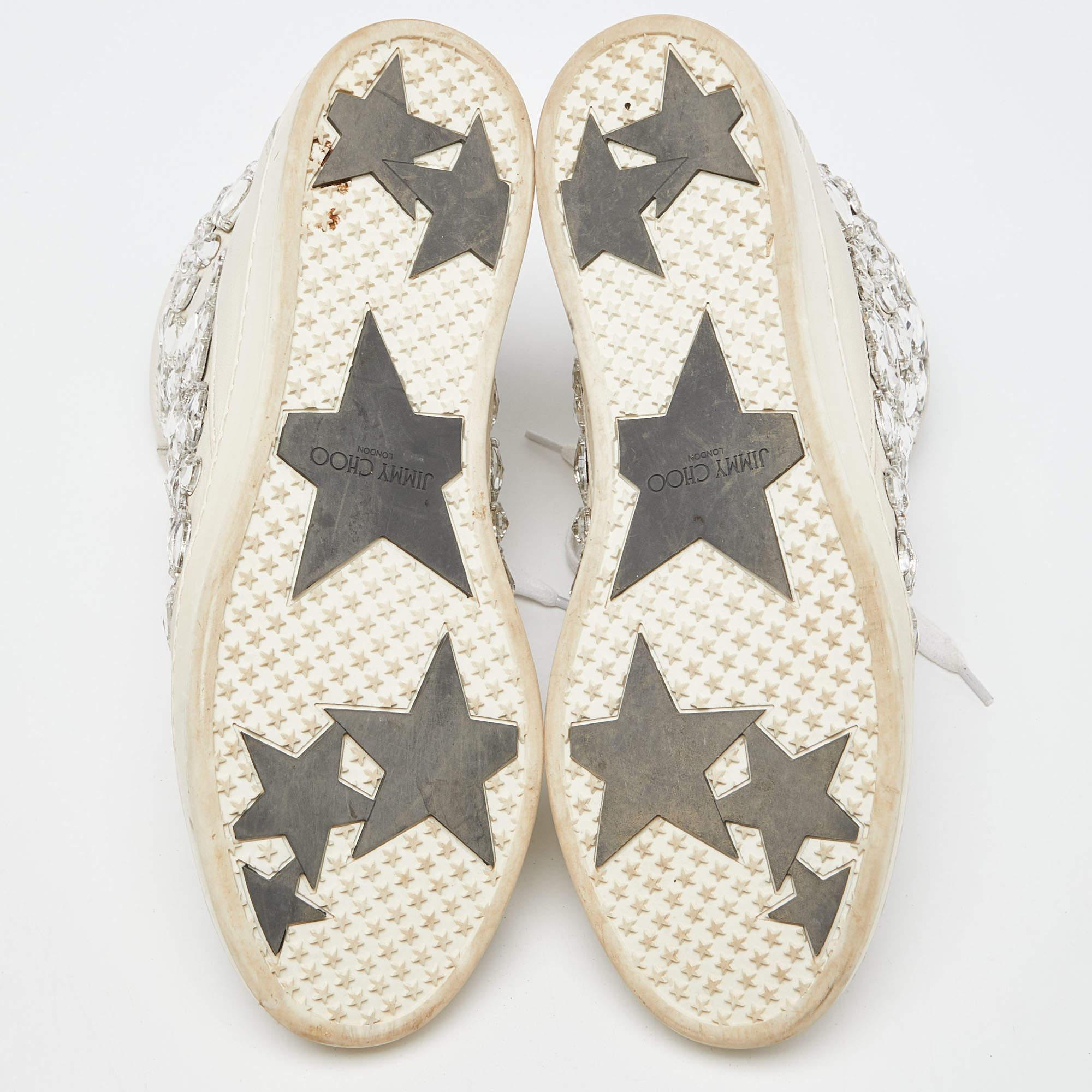 Jimmy Choo White Leather Tokyo Crystal Embellished High Top Sneakers Size 37.5 For Sale 2