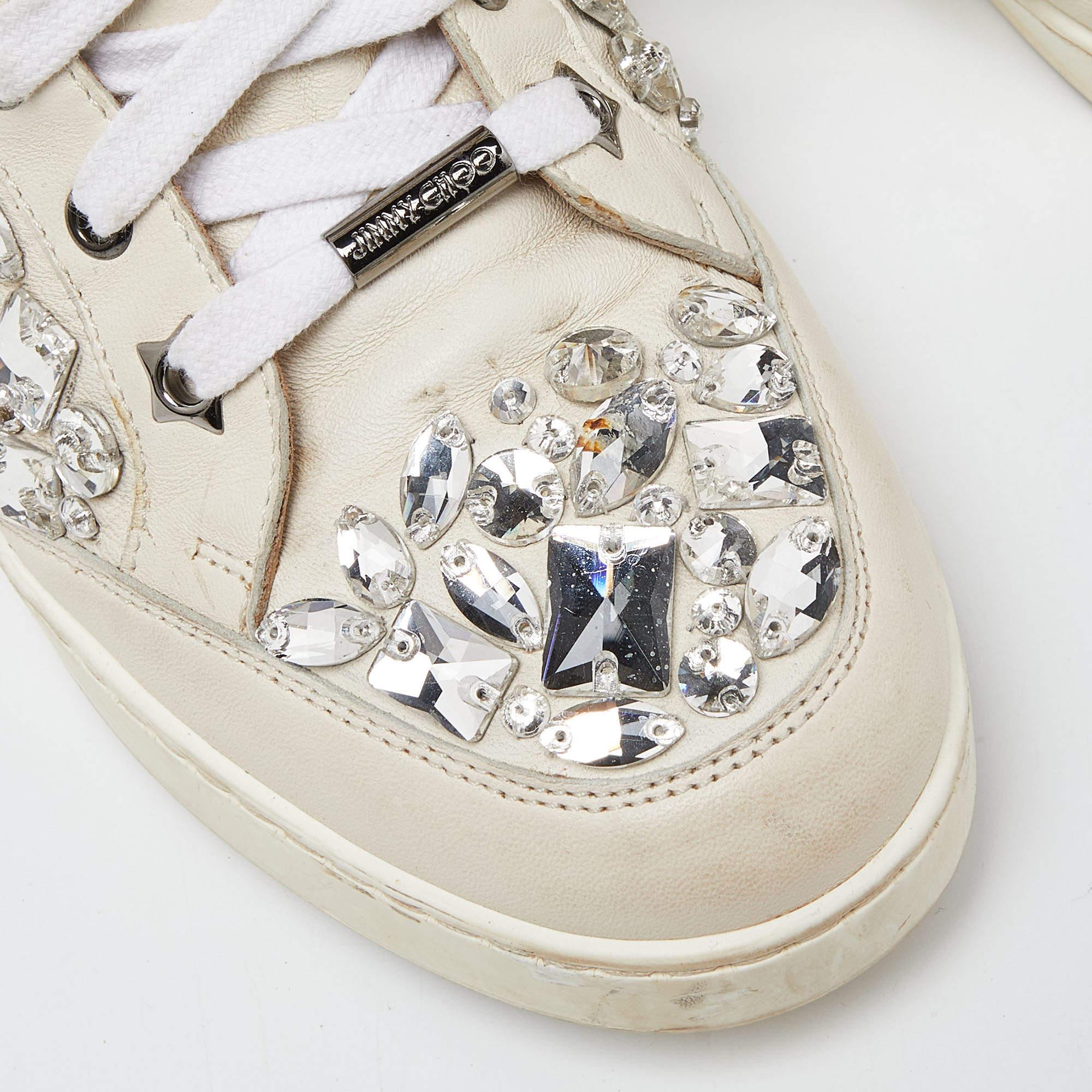 Jimmy Choo White Leather Tokyo Crystal Embellished High Top Sneakers Size 37.5 For Sale 3