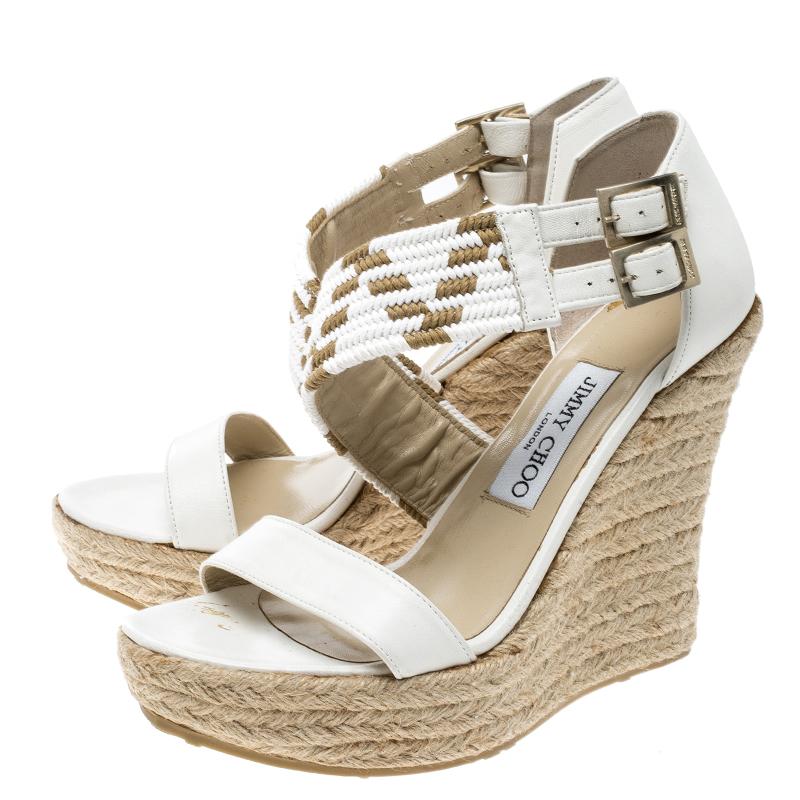 Jimmy Choo White Leather Woven Cross Strap Espadrille Wedge Sandals Size 38 4