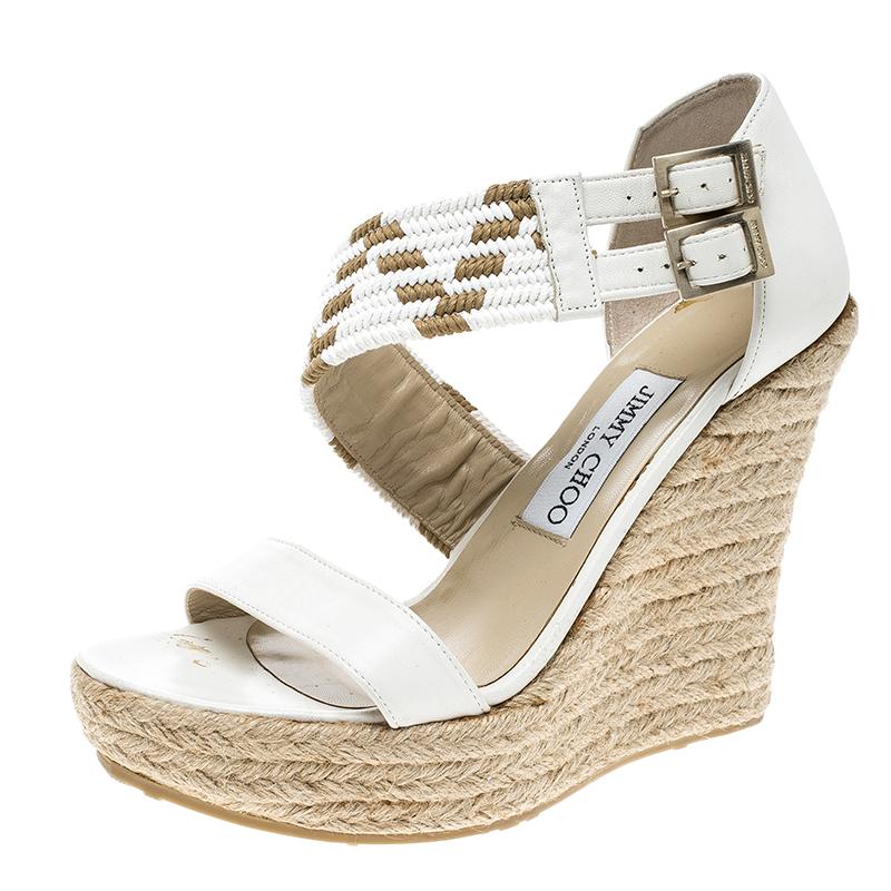 Jimmy Choo White Leather Woven Cross Strap Espadrille Wedge Sandals Size 38