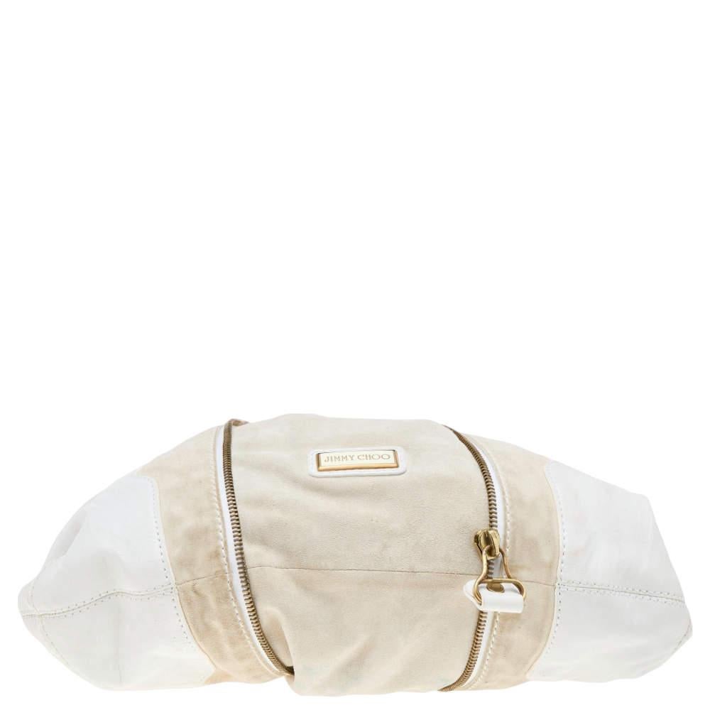 Jimmy Choo White/Light Beige Leather and Suede Maia Hobo For Sale 2