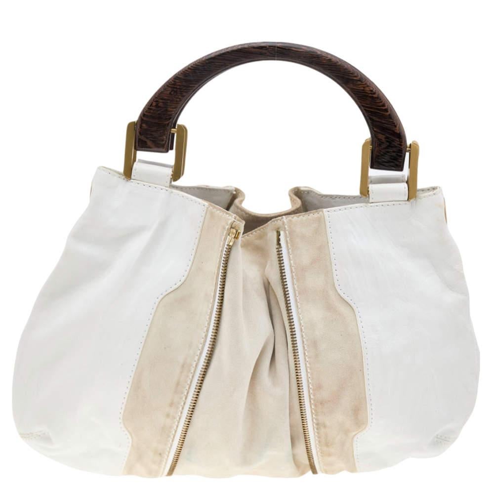 Jimmy Choo White/Light Beige Leather and Suede Maia Hobo For Sale 5