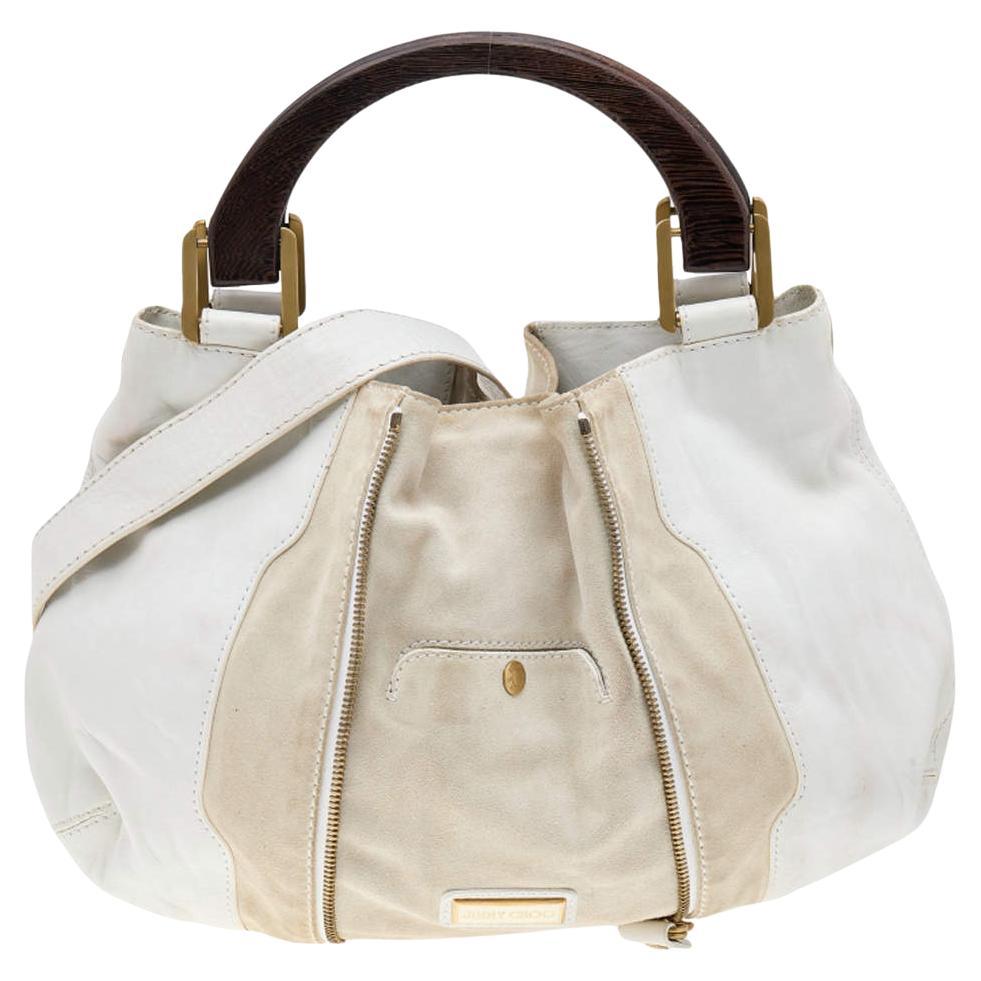 Jimmy Choo White/Light Beige Leather and Suede Maia Hobo For Sale