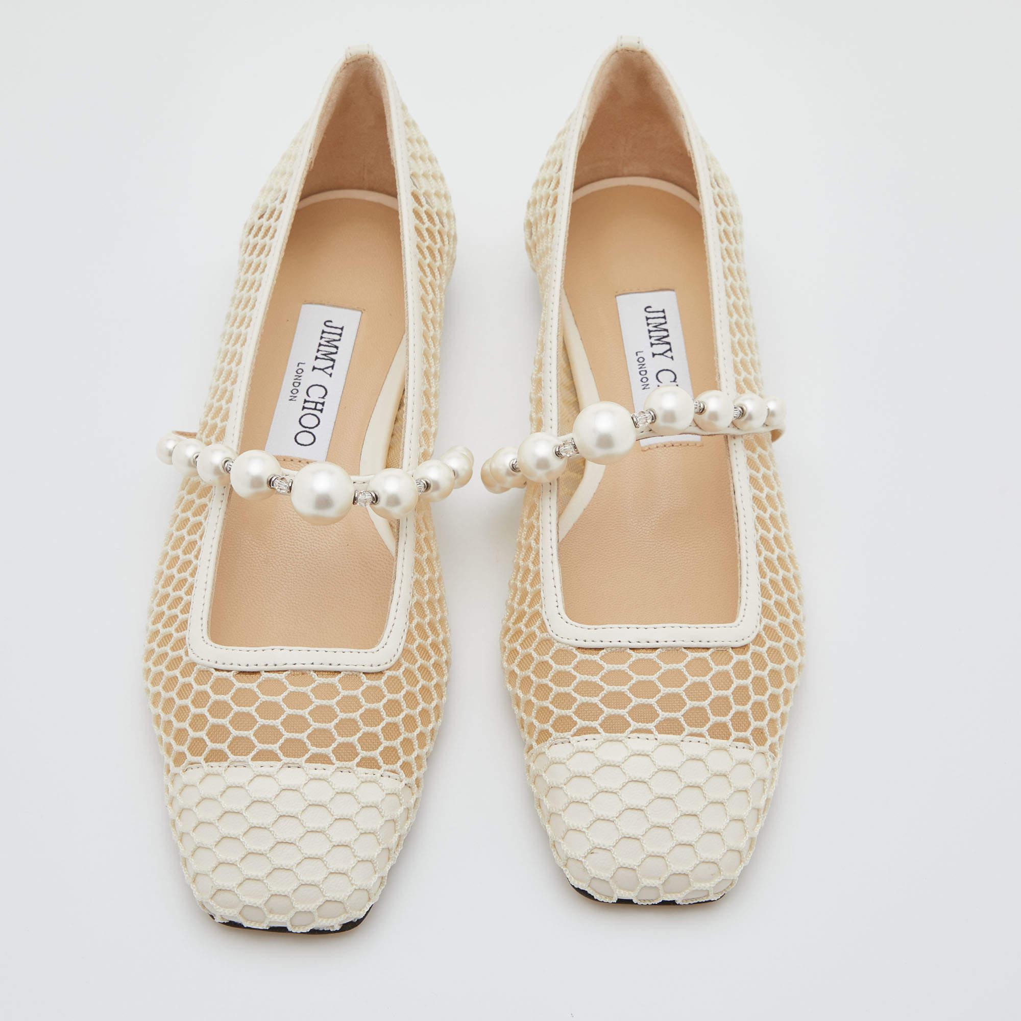 Jimmy Choo White Mesh and Leather Pearl Embellished Ballet Flats Size 36.5 1