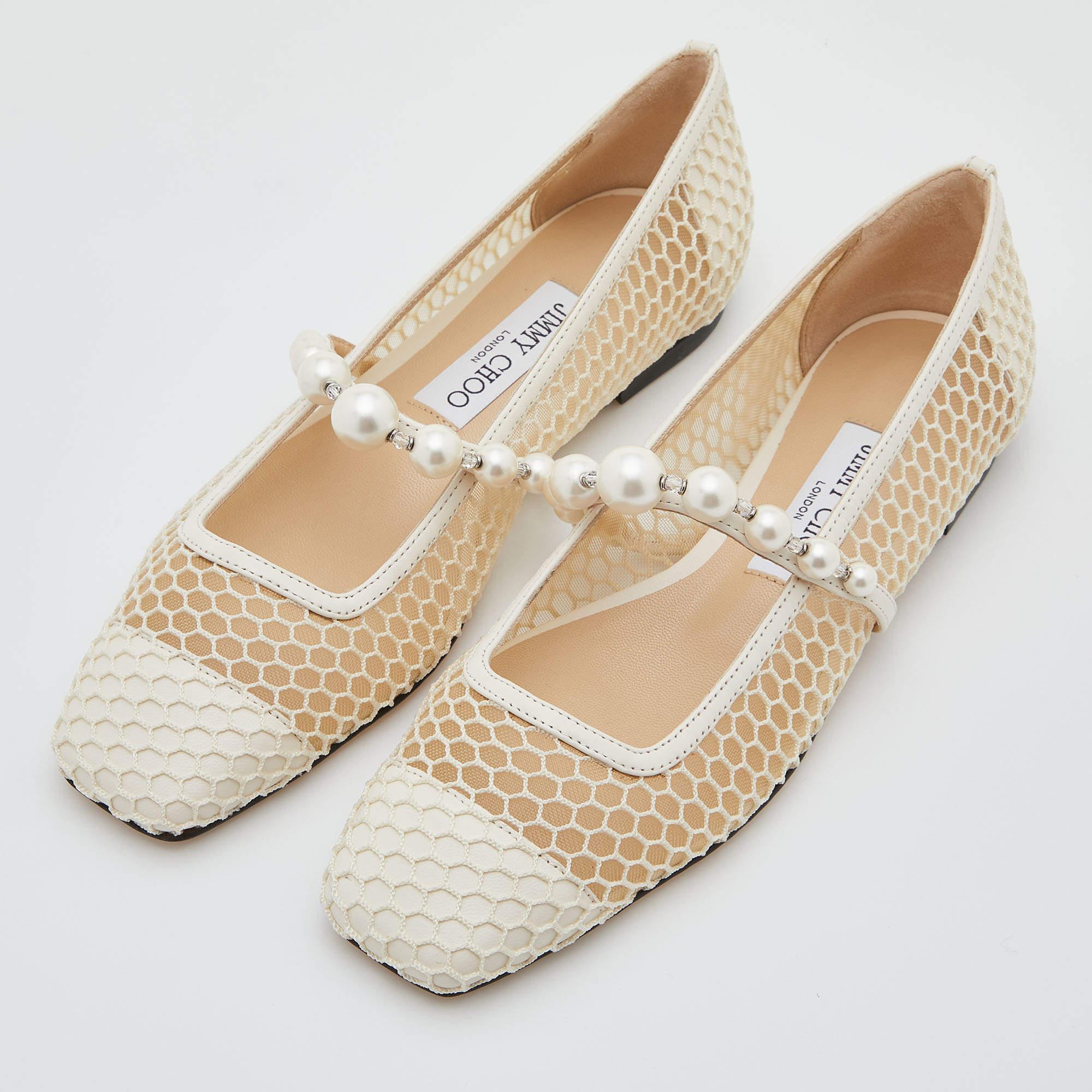 Jimmy Choo White Mesh and Leather Pearl Embellished Ballet Flats Size 36.5 3