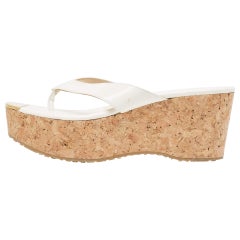 Jimmy Choo White Patent Leather Pathos Thong Cork Wedge Slides Size 37.5