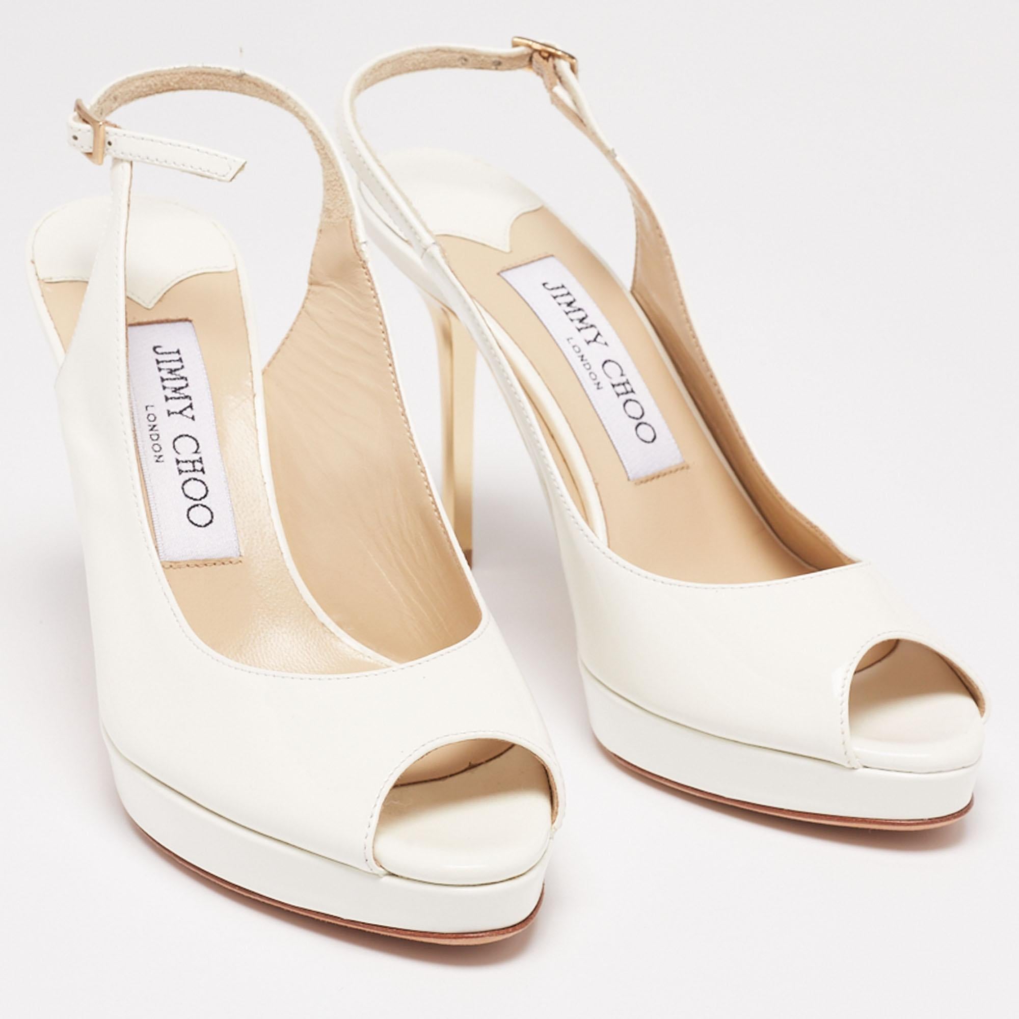 Jimmy Choo White Patent Leather Peep Toe Slingblack Sandals Size 35 2