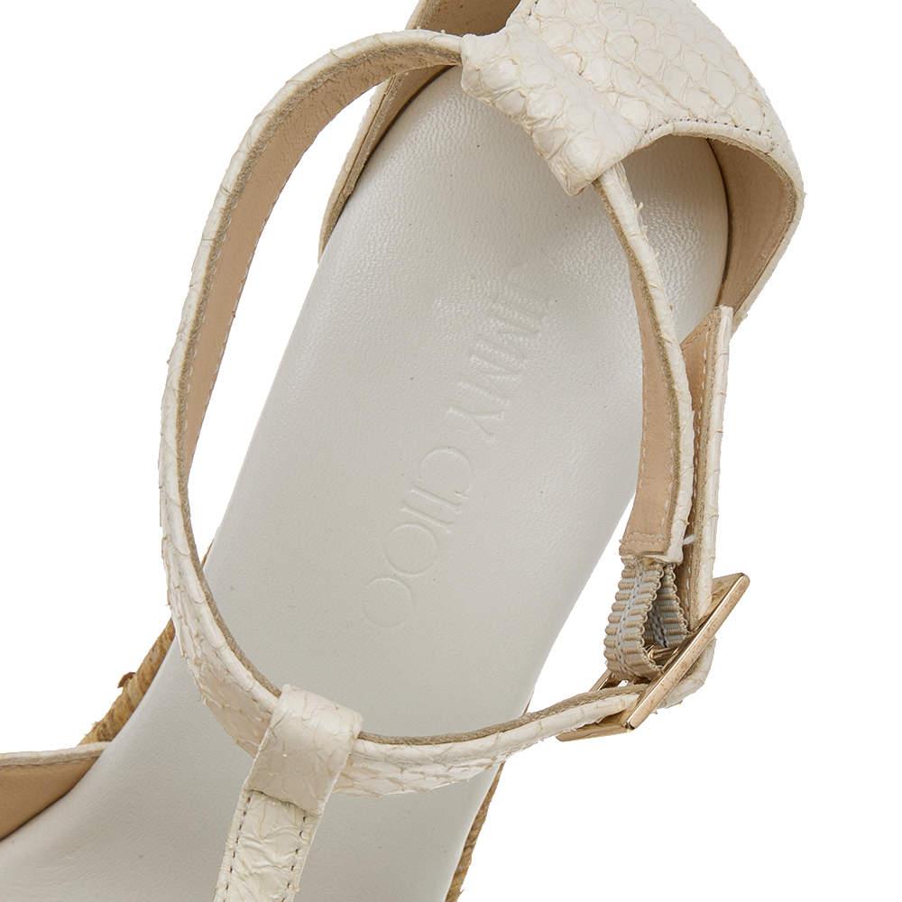 Jimmy Choo White Python Leather T Strap Wedge Platform Sandals Size 39 In Excellent Condition For Sale In Dubai, Al Qouz 2