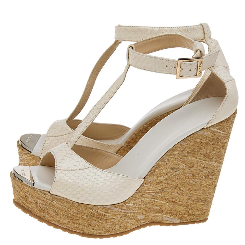 Women's Jimmy Choo White Python Leather T Strap Wedge Platform Sandals Size 39 For Sale