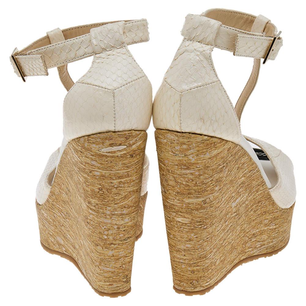 Jimmy Choo White Python Leather T Strap Wedge Platform Sandals Size 39 For Sale 2