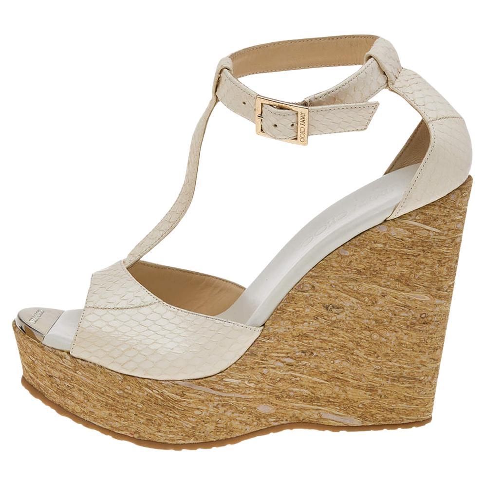 Jimmy Choo White Python Leather T Strap Wedge Platform Sandals Size 39 For Sale