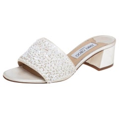 Jimmy Choo White Satin Sequin Embellished Minea Slide Sandals Size 37