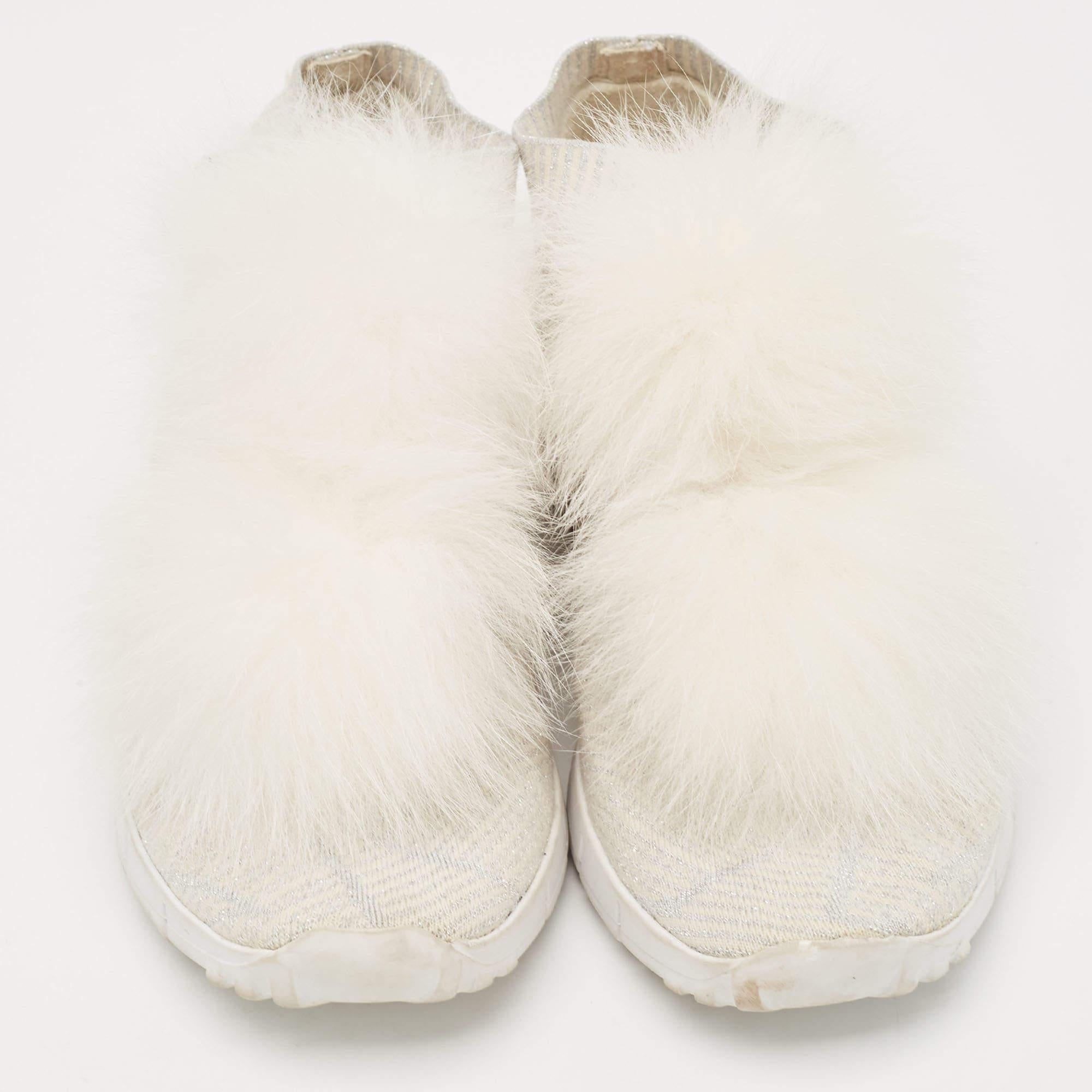 Beige Jimmy Choo White/Silver Knit Fabric Lurex Norway Pom Pom Sneakers Size 34 (Kids) For Sale