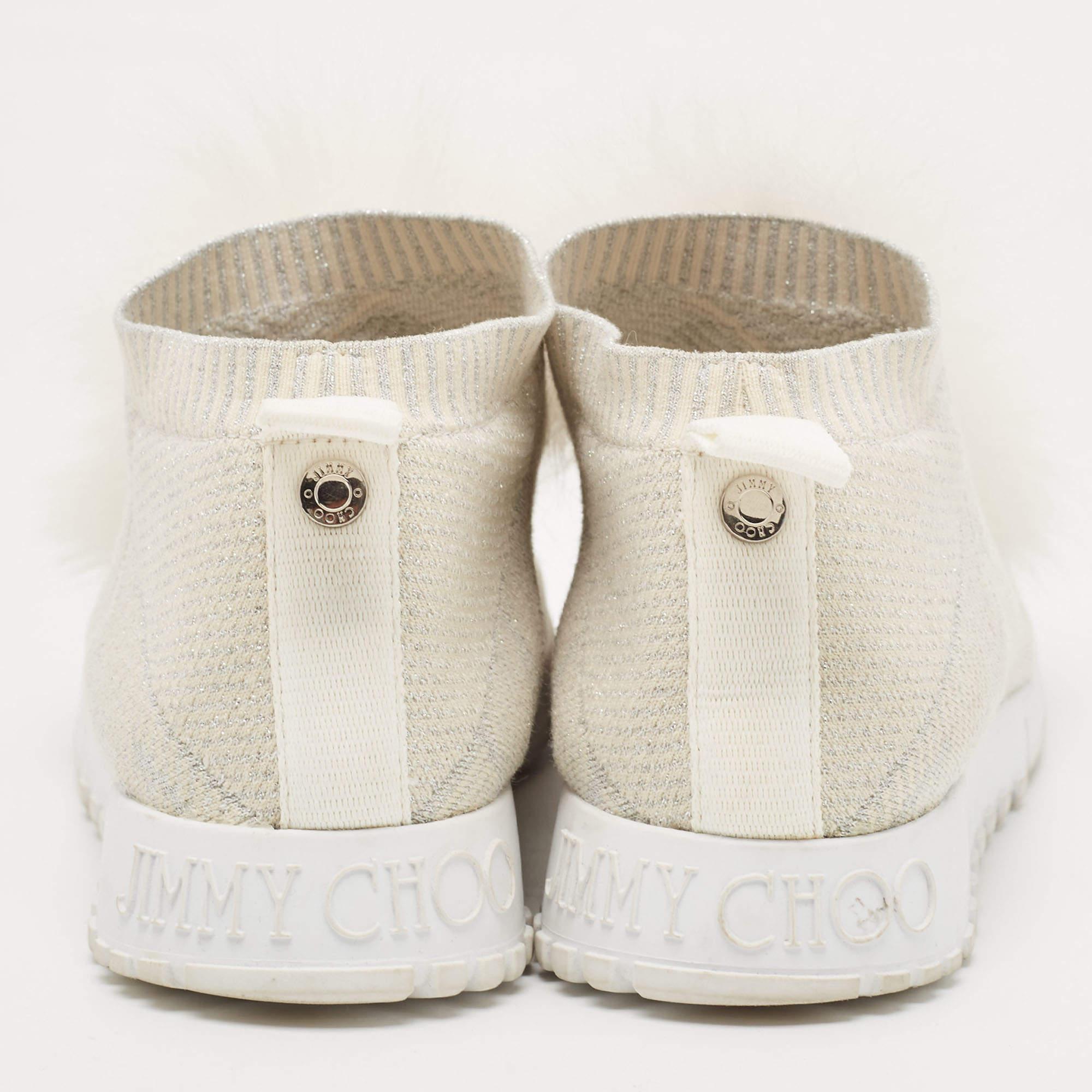 Women's or Men's Jimmy Choo White/Silver Knit Fabric Lurex Norway Pom Pom Sneakers Size 34 (Kids) For Sale