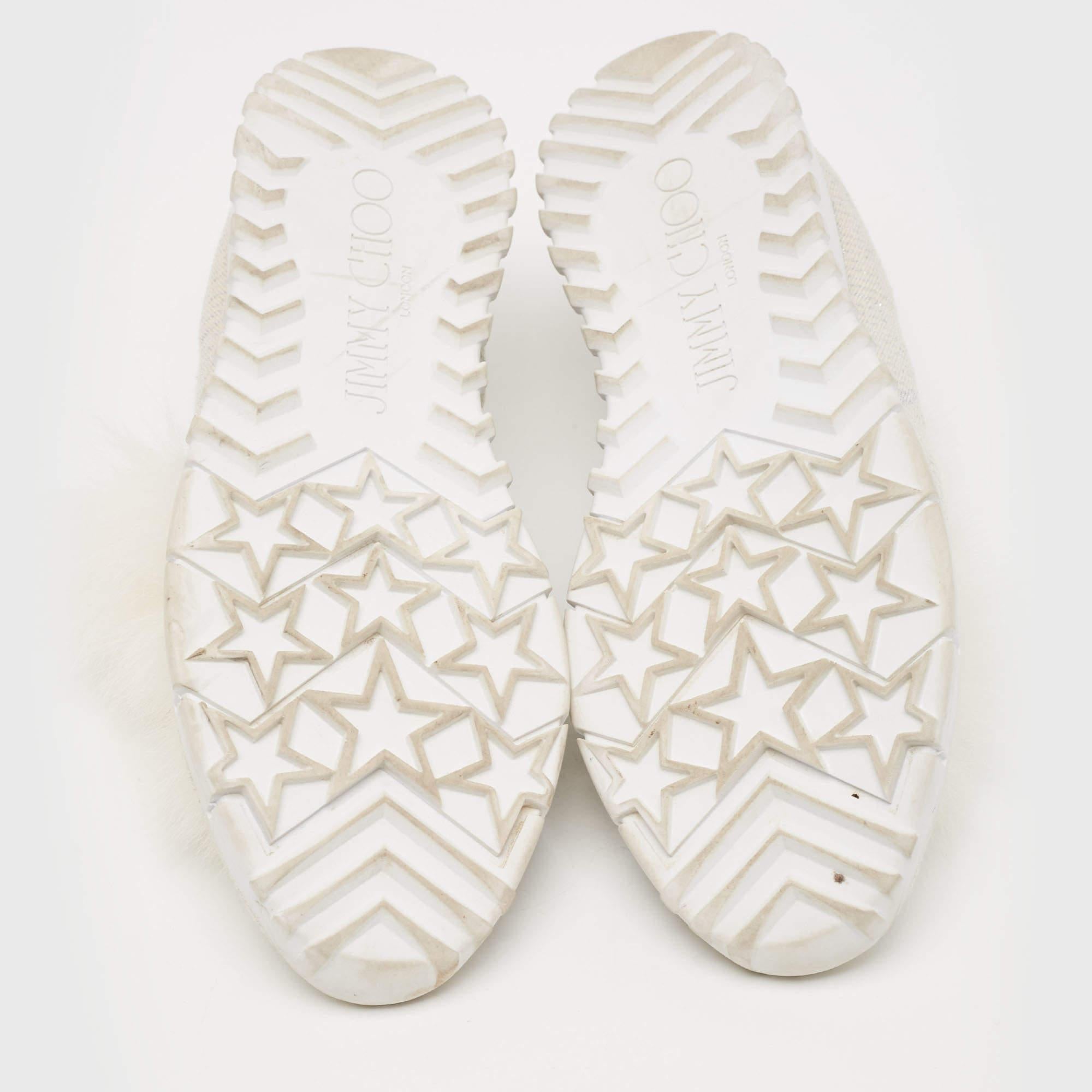 Jimmy Choo White/Silver Knit Fabric Lurex Norway Pom Pom Sneakers Size 34 (Kids) For Sale 1