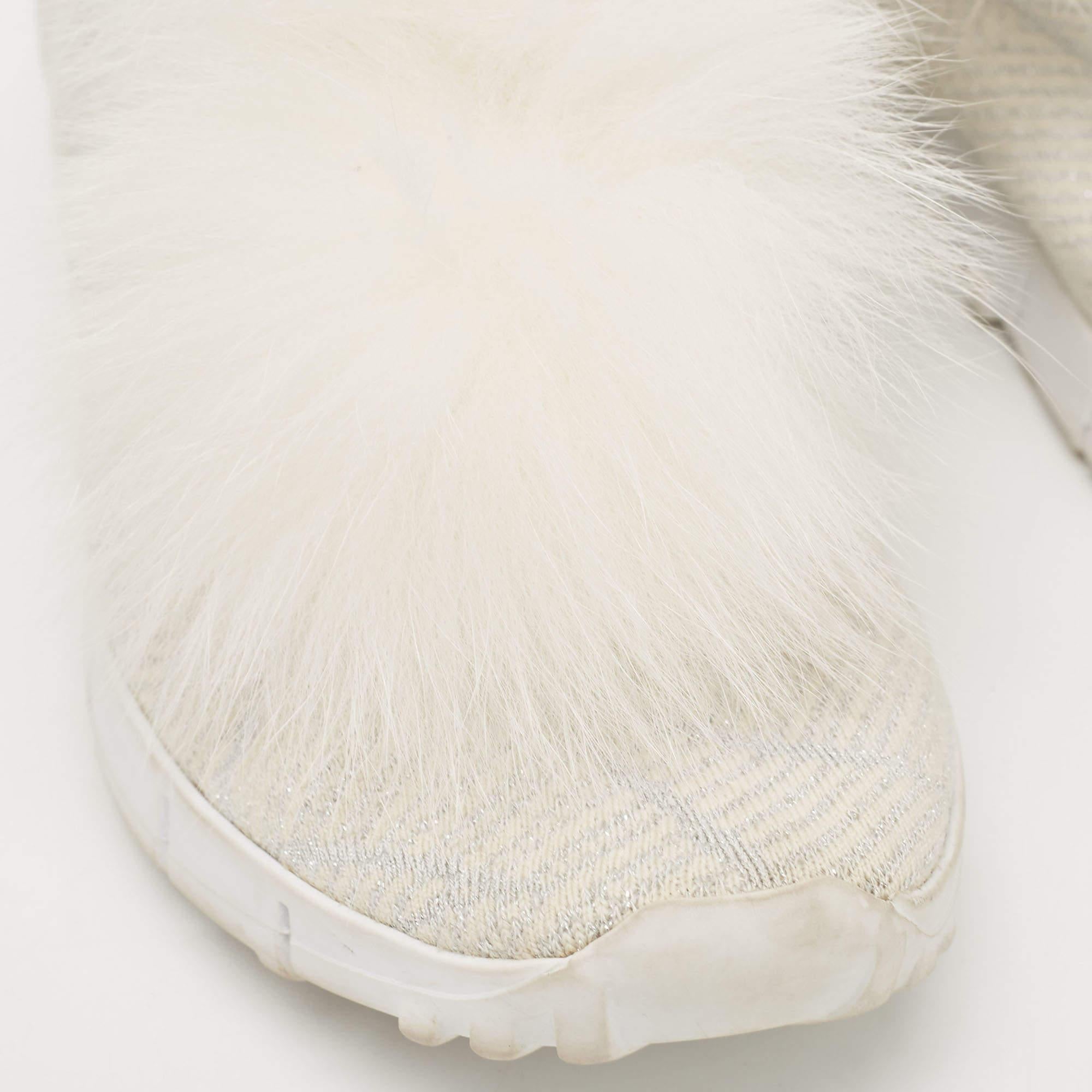 Jimmy Choo White/Silver Knit Fabric Lurex Norway Pom Pom Sneakers Size 34 (Kids) For Sale 2