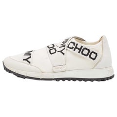 Jimmy Choo White Stretch Fabric and Leather Strips Slip On Sneakers Size 37