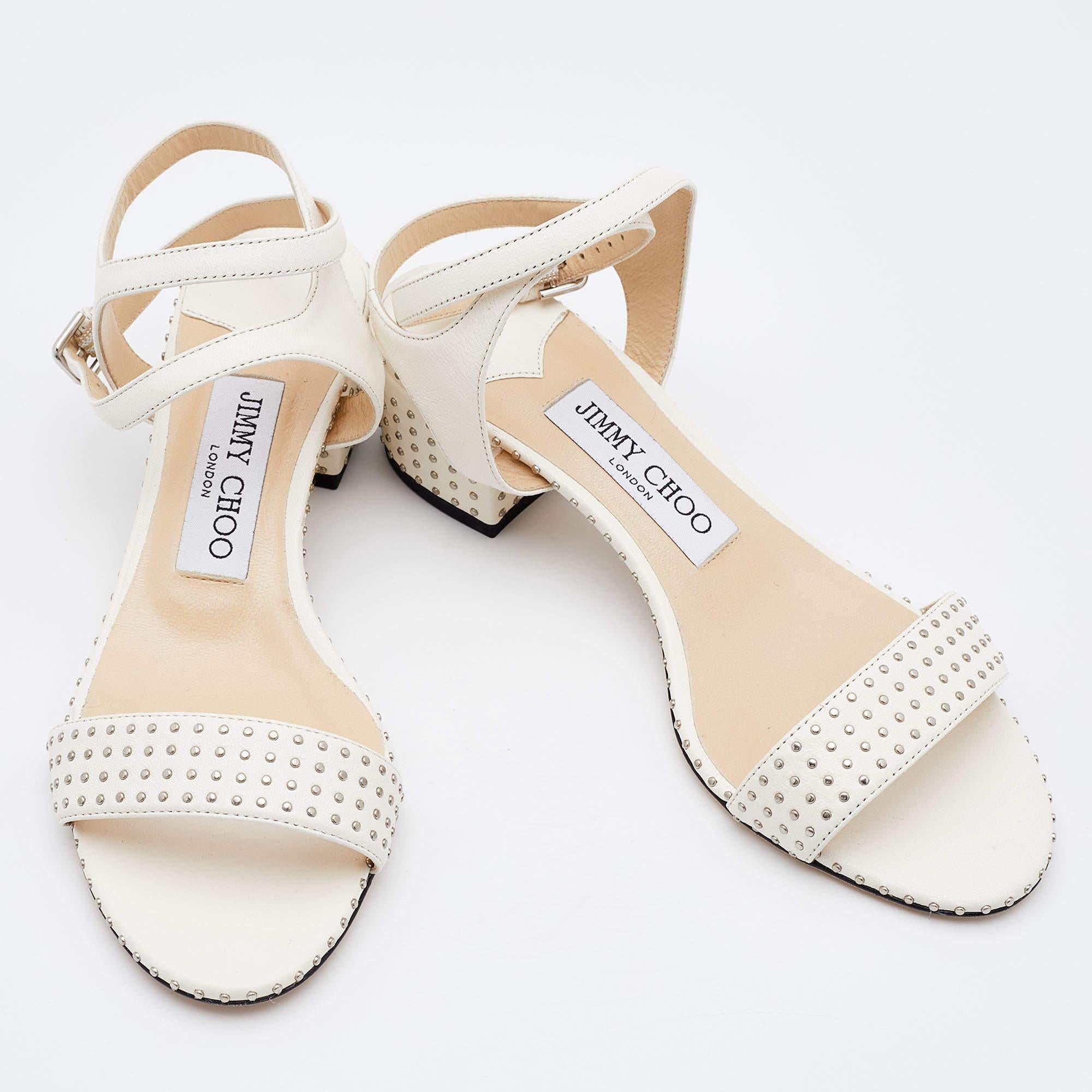 Jimmy Choo White Studded Leather Marine Block Heel Ankle Strap Sandals Size 36.5 In Good Condition In Dubai, Al Qouz 2