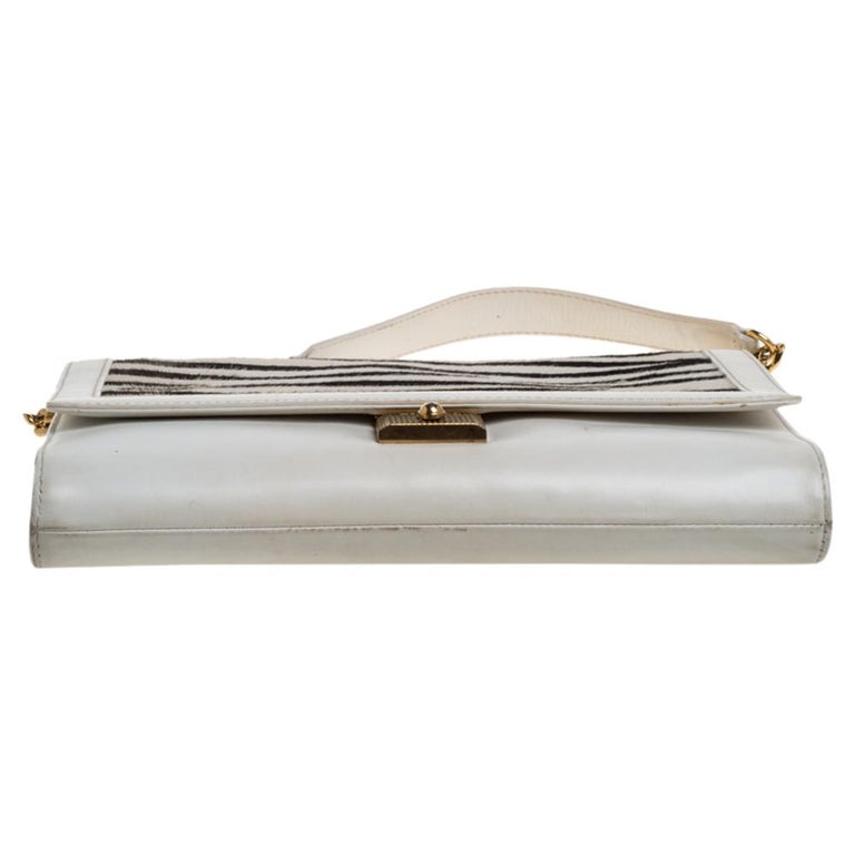 Jimmy Choo White Zebra Print Calfhair and Leather Flap Chain Shoulder