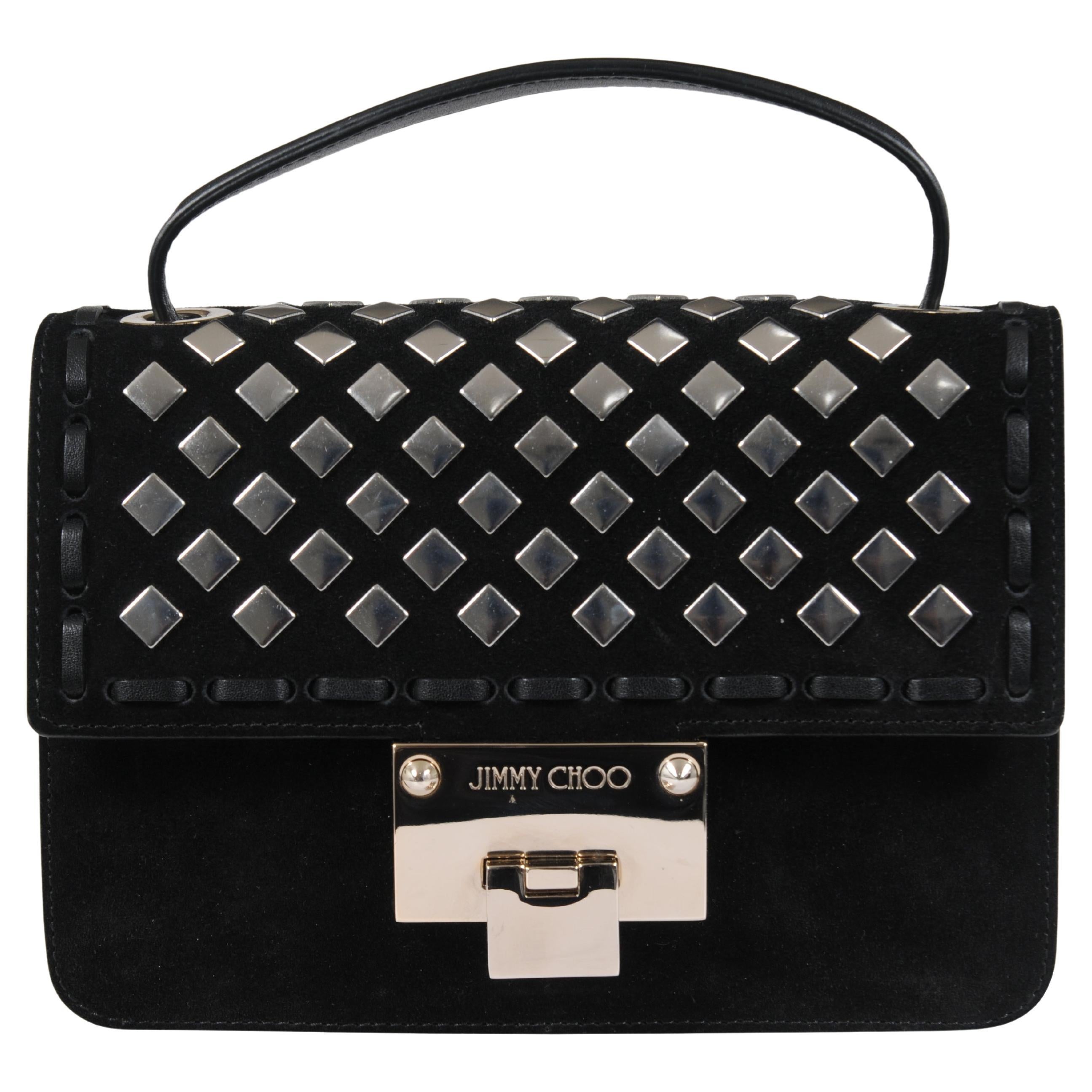 Jimmy Choo Women Ruby Silver Studded Black Suede Mini Top Handle Crossbody Bag en vente