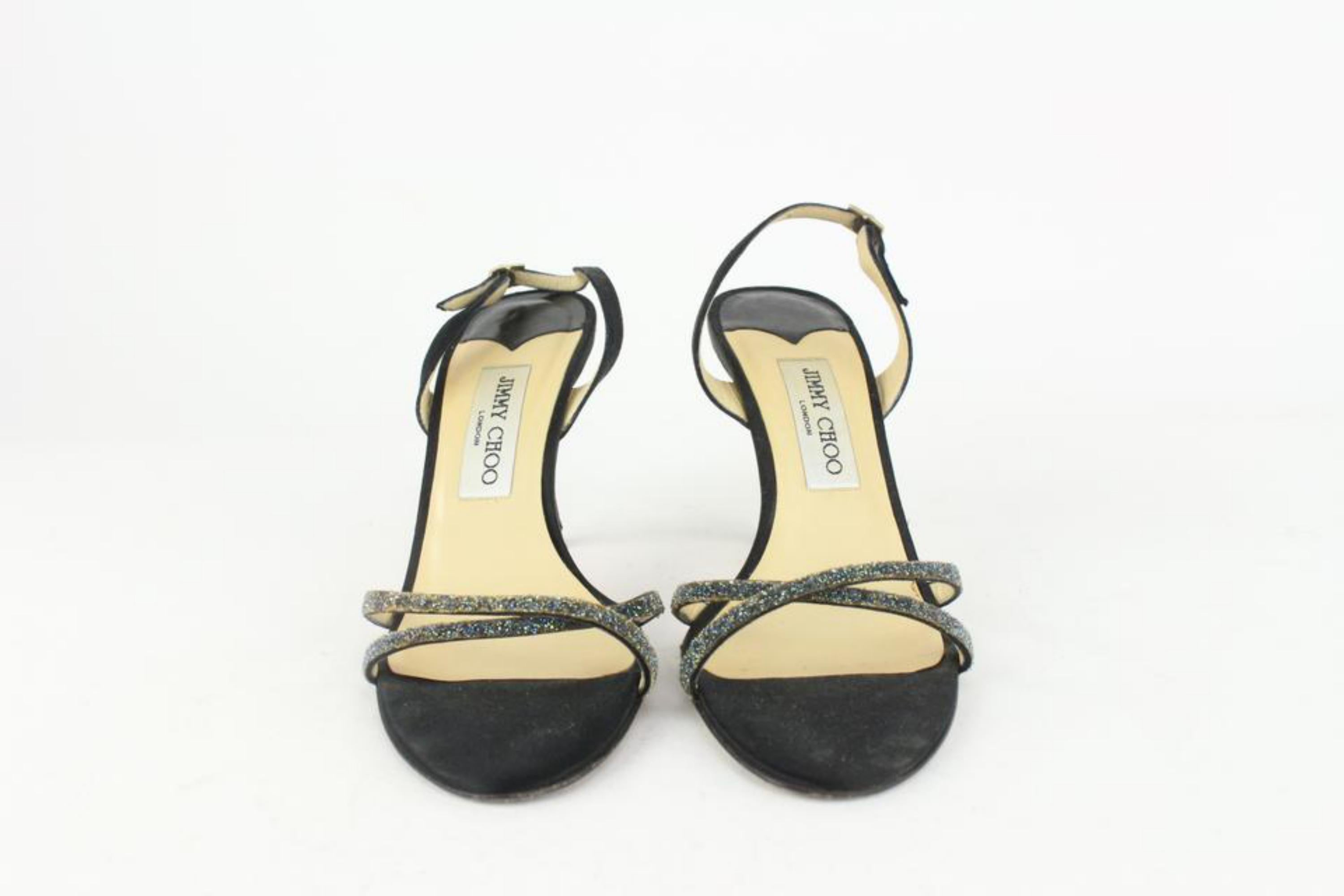 Jimmy Choo Women's 38.5 Black Satin Glitter Stone Strappy Heels 1116jc50 For Sale 4