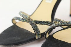 Jimmy Choo Women's 38.5 Black Satin Glitter Stone Strappy Heels 1116jc50