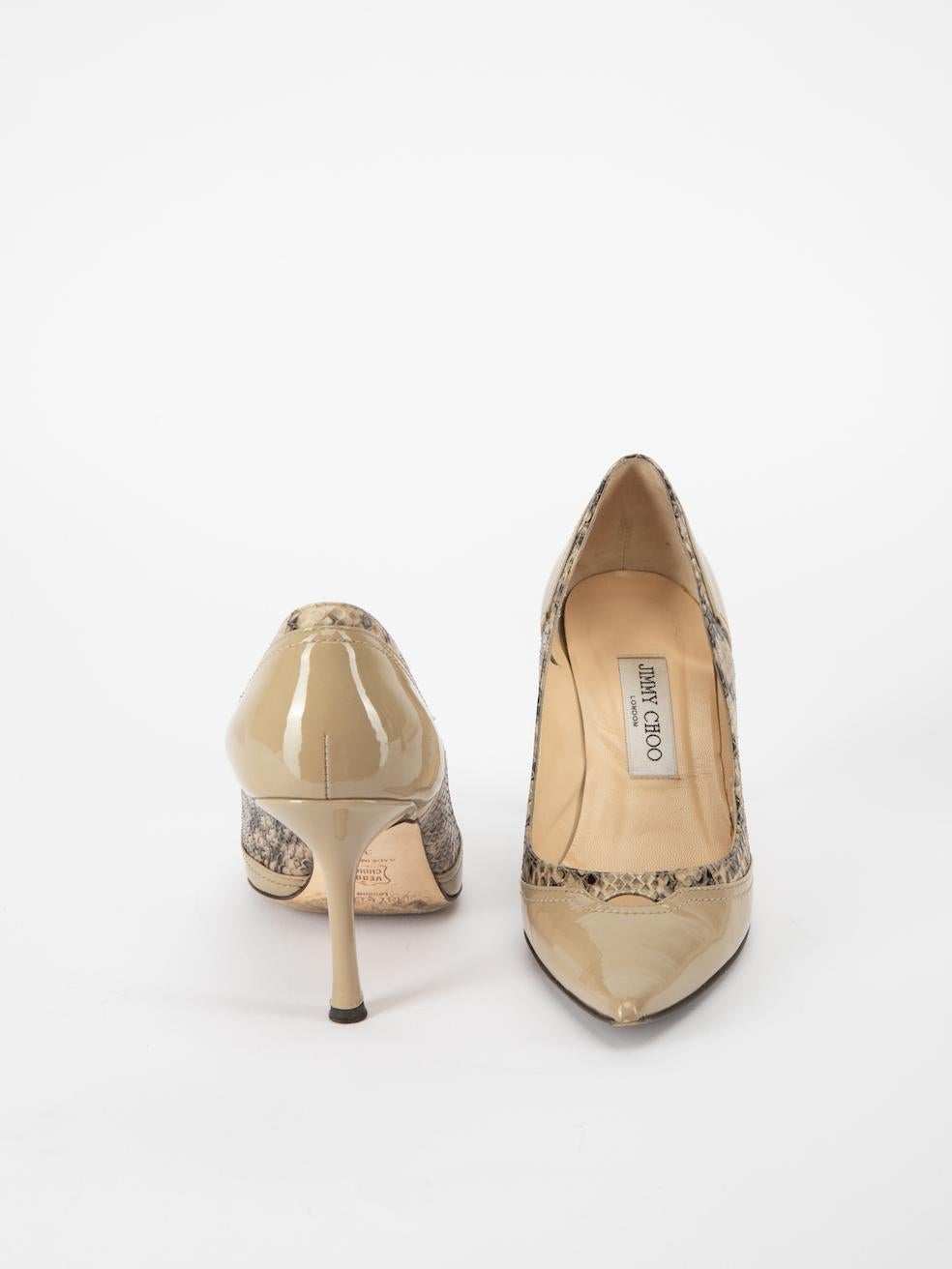 Jimmy Choo Women's Beige Patent & Snakeskin Pointed Toe Pumps In Good Condition For Sale In London, GB