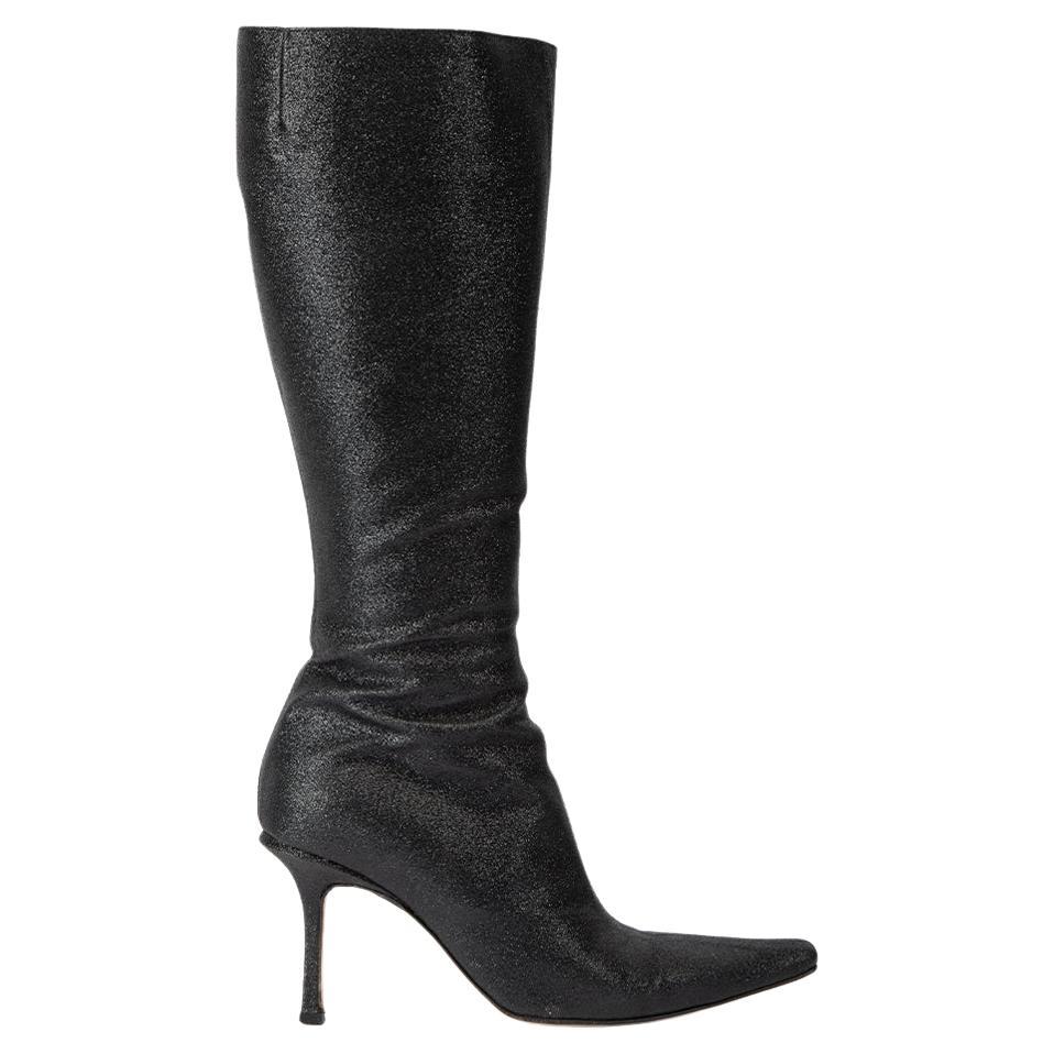 Jimmy Choo Women's Black Glitter Pointed Toe Knee Boots For Sale