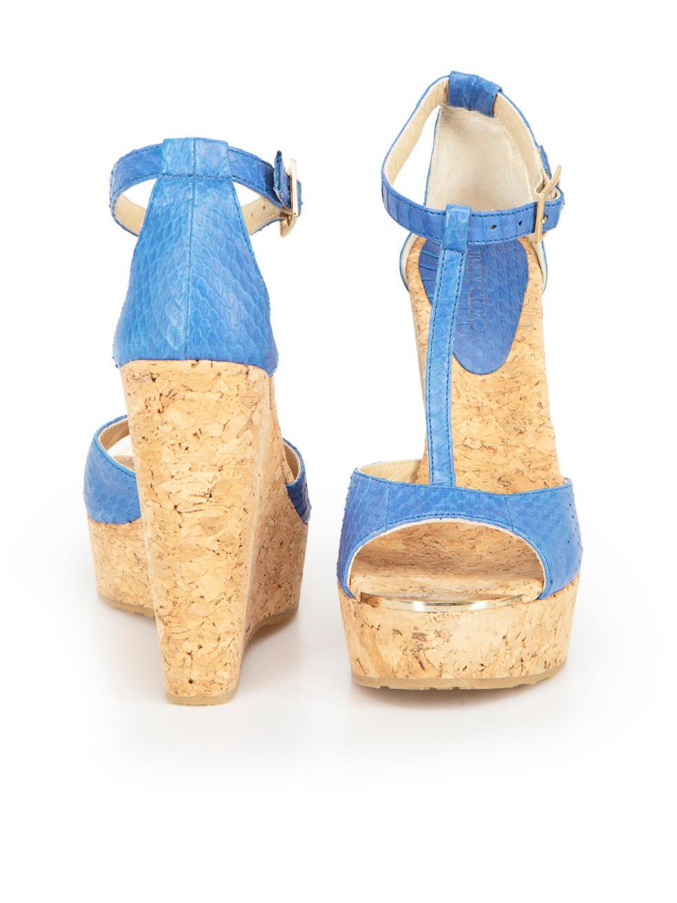 Jimmy Choo Women's Blue Python Leather Cork Wedge Sandals In Good Condition In London, GB