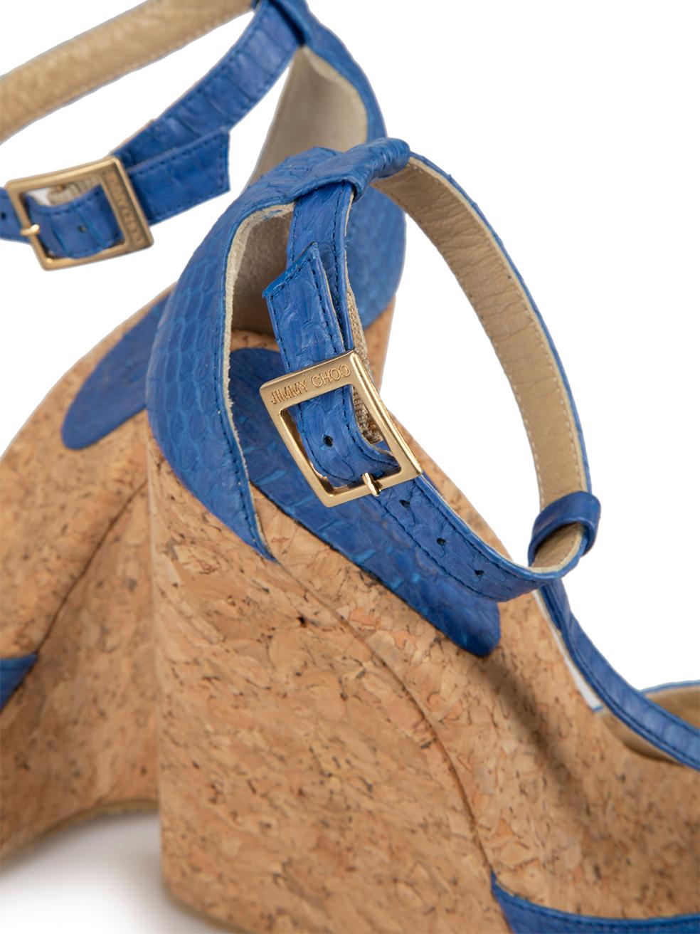 Jimmy Choo Women's Blue Python Leather Cork Wedge Sandals 2