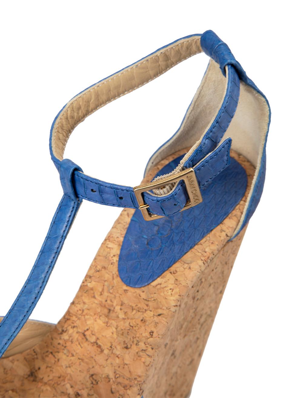 Jimmy Choo Women's Blue Python Leather Cork Wedge Sandals 3