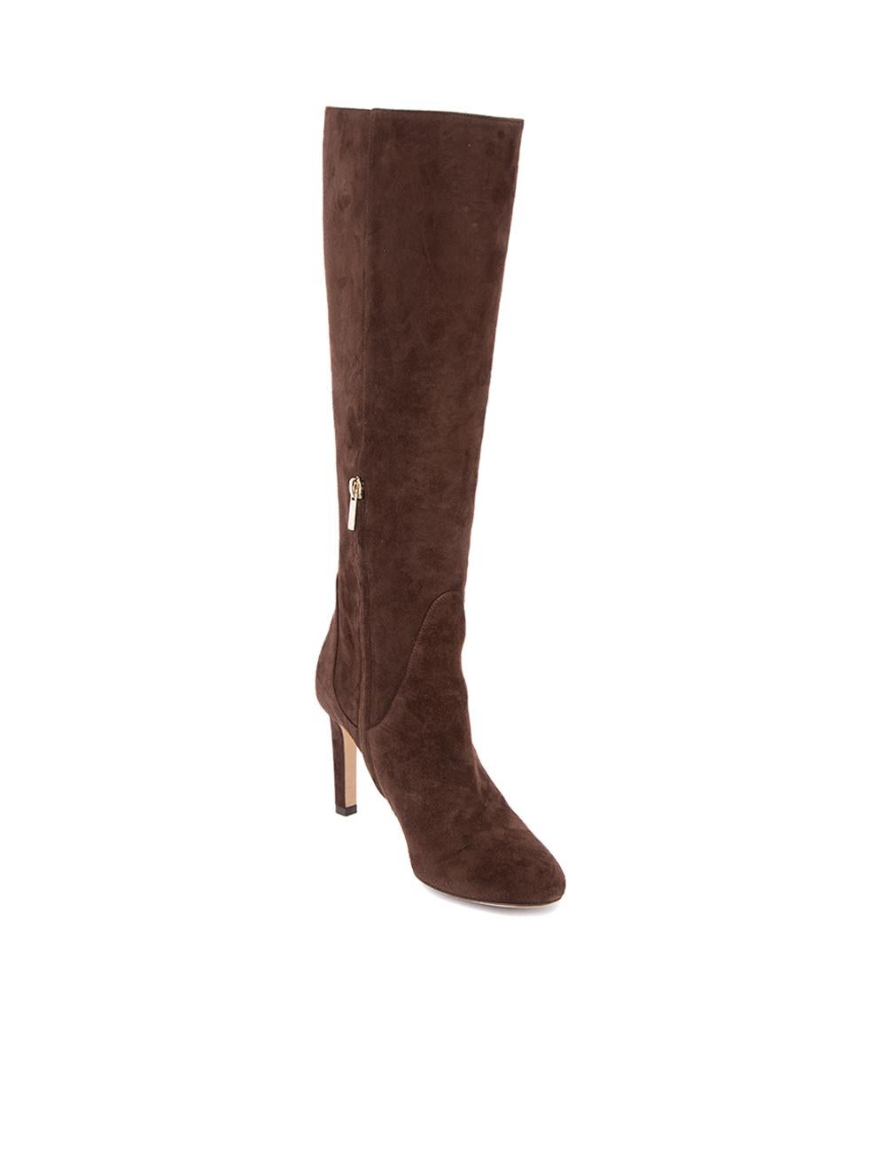 CONDITION is Very good. Minimal wear to boots is evident. Minimal wear to the suede exterior on this used Jimmy Choo designer resale item. This item includes the original dustbag and shoebox.
 
 Details
  Brown
 Suede
 Knee high boots
 Round toe
