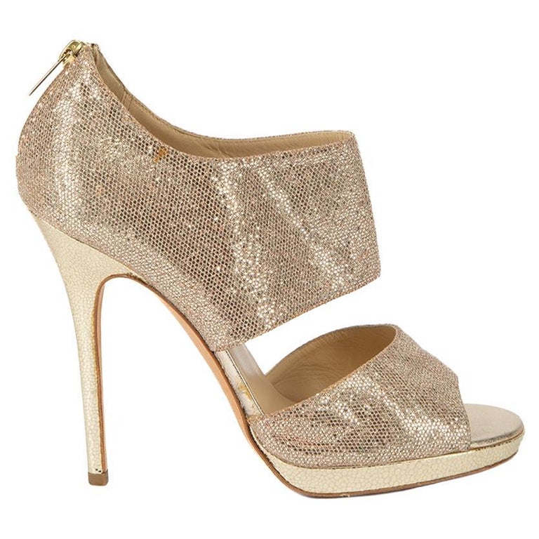Jimmy Choo Women's Glittery Gold Canvas Open Toe Heels For Sale at 1stDibs