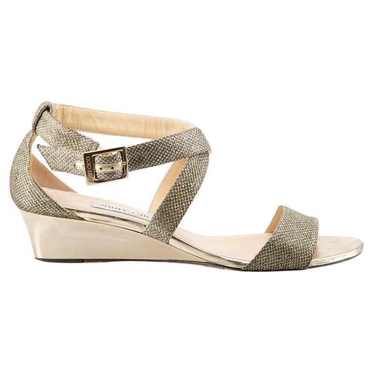Jimmy Choo Women's Gold Glitter Cross Strap Low Wedge Sandals For Sale