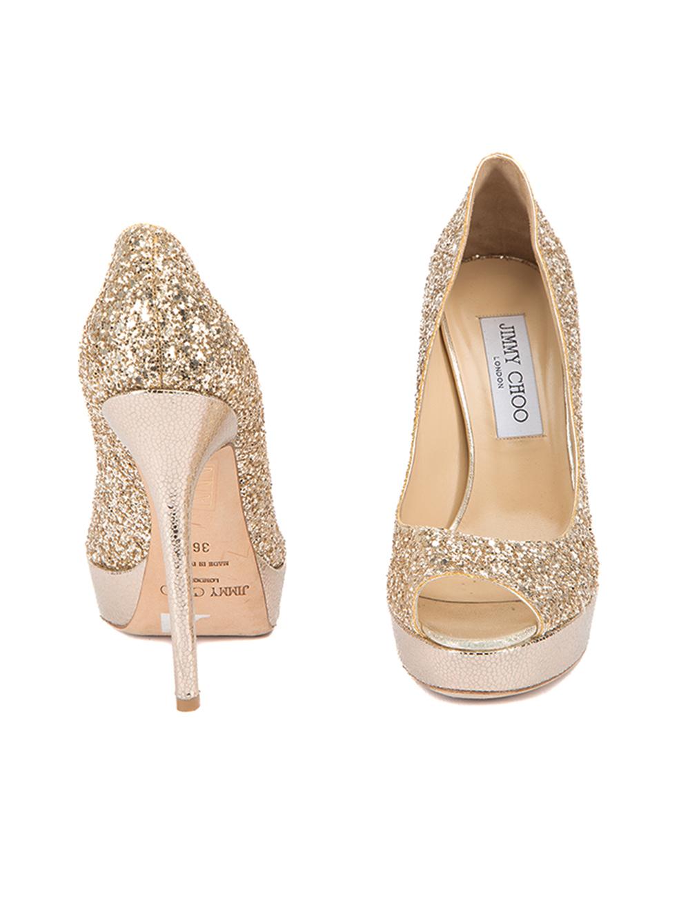 Jimmy Choo Women's Gold Glitter Peep Toe Platform Heels In Excellent Condition In London, GB