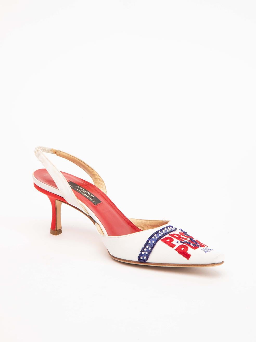 CONDITION is Very good. Minimal wear to heels is evident. Minimal wear to the ankle straps which are stained and there is wear to the heel stem. There is also some loose thread around the topline on this used Jimmy Choo for Anya Hindmarch  designer