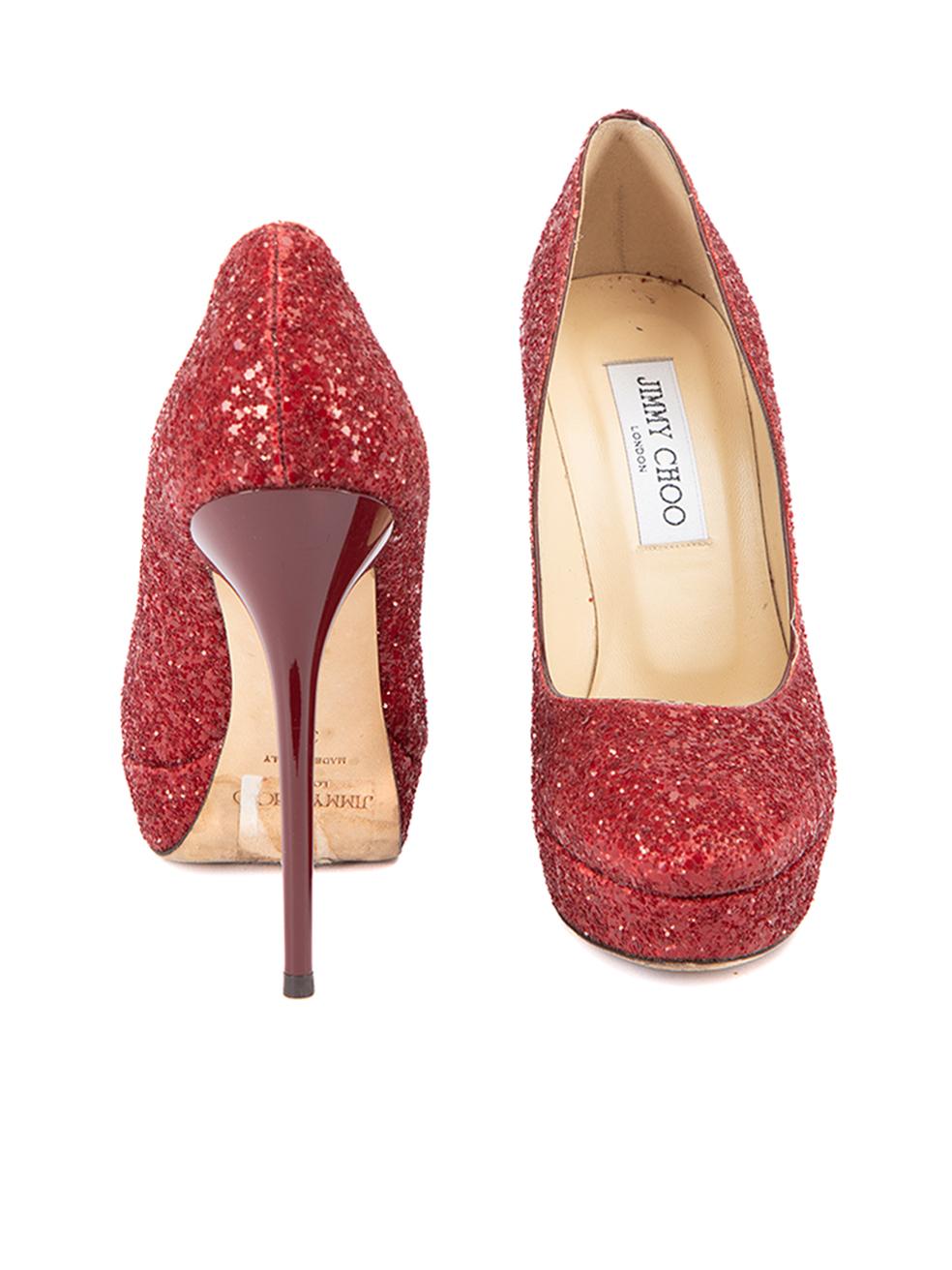 Jimmy Choo Women's Red Glitter Almond Toe Platform Pumps In Excellent Condition In London, GB