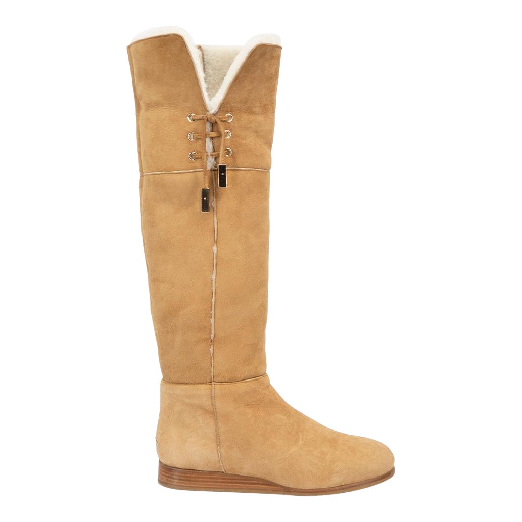 Jimmy Choo Women
s Tan Suede Shearling Lined Knee High Boots