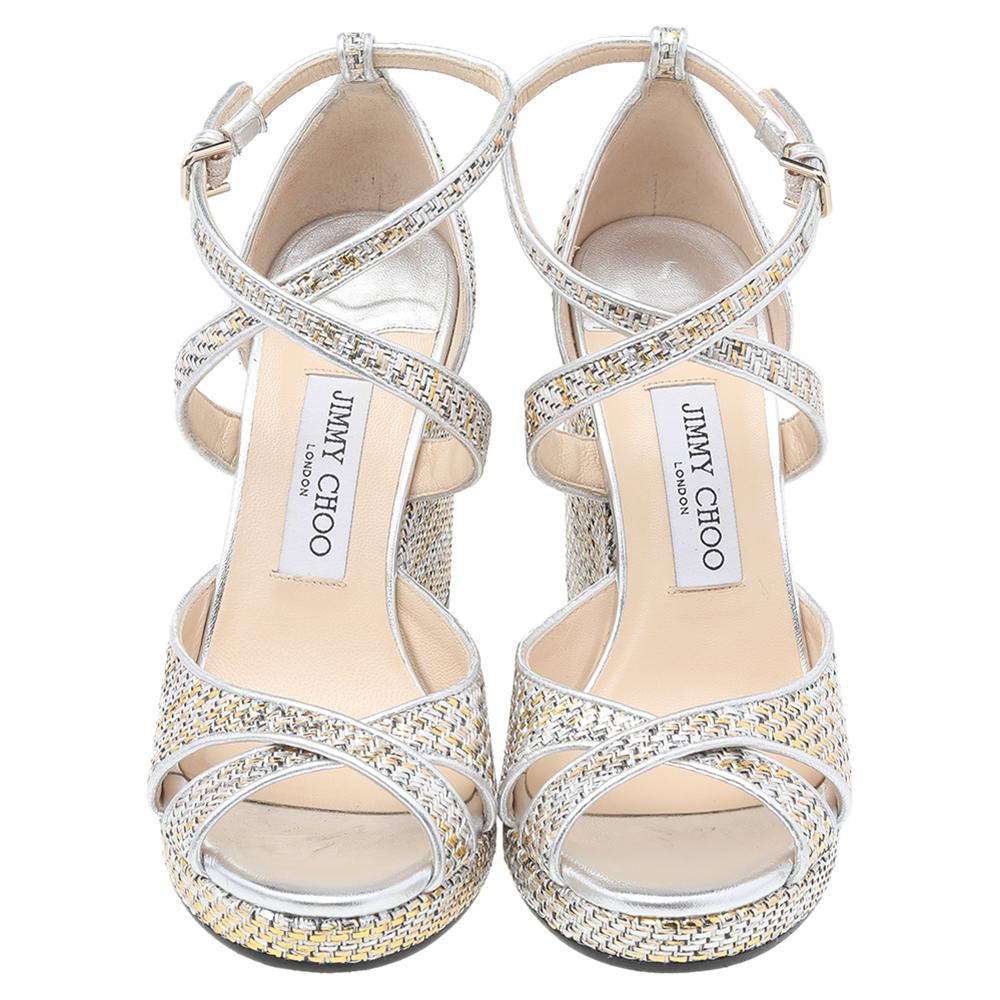 Jimmy Choo Woven Raffia And Leather Trim Wedge Ankle Strap Sandals Size 38 In Excellent Condition In Dubai, Al Qouz 2