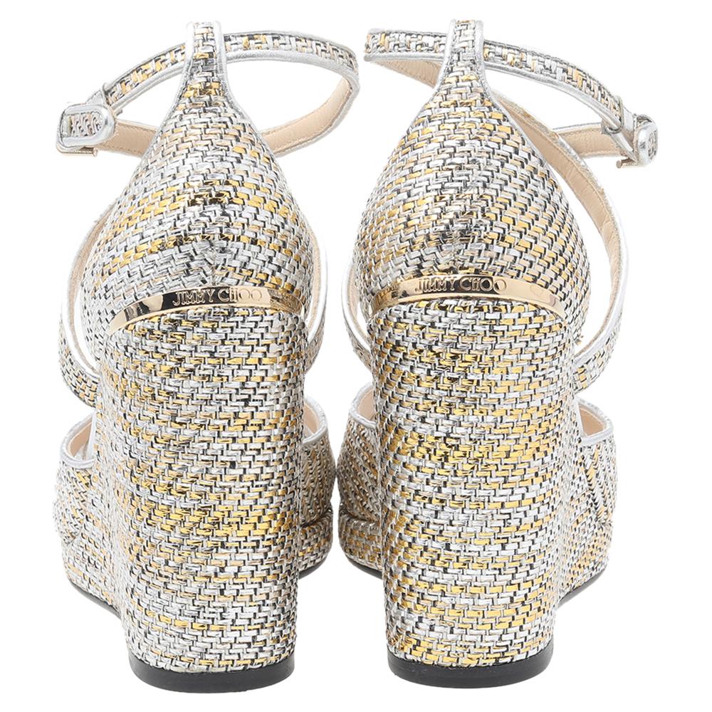 Women's Jimmy Choo Woven Raffia And Leather Trim Wedge Ankle Strap Sandals Size 38