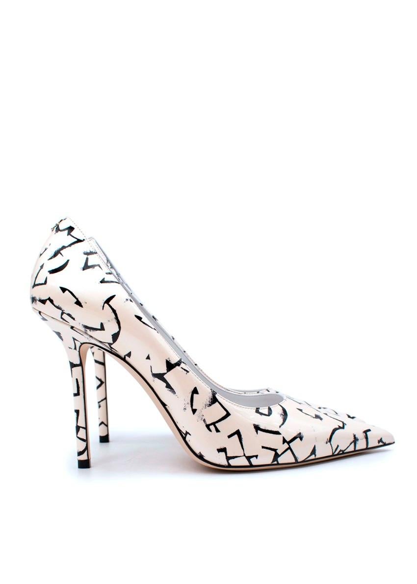 Jimmy Choo x Eric Haze LoveWhite & Black Printed Leather Heeled Pumps In Excellent Condition For Sale In London, GB