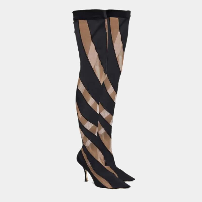 Jimmy Choo-X-Mugler Two Tone Fabric and Net JCxM Over the Knee Boots Size 40 In New Condition In Dubai, Al Qouz 2