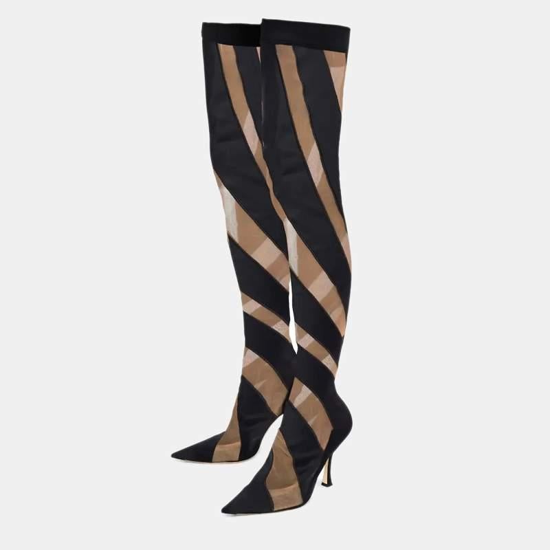 Women's Jimmy Choo-X-Mugler Two Tone Fabric and Net JCxM Over the Knee Boots Size 40