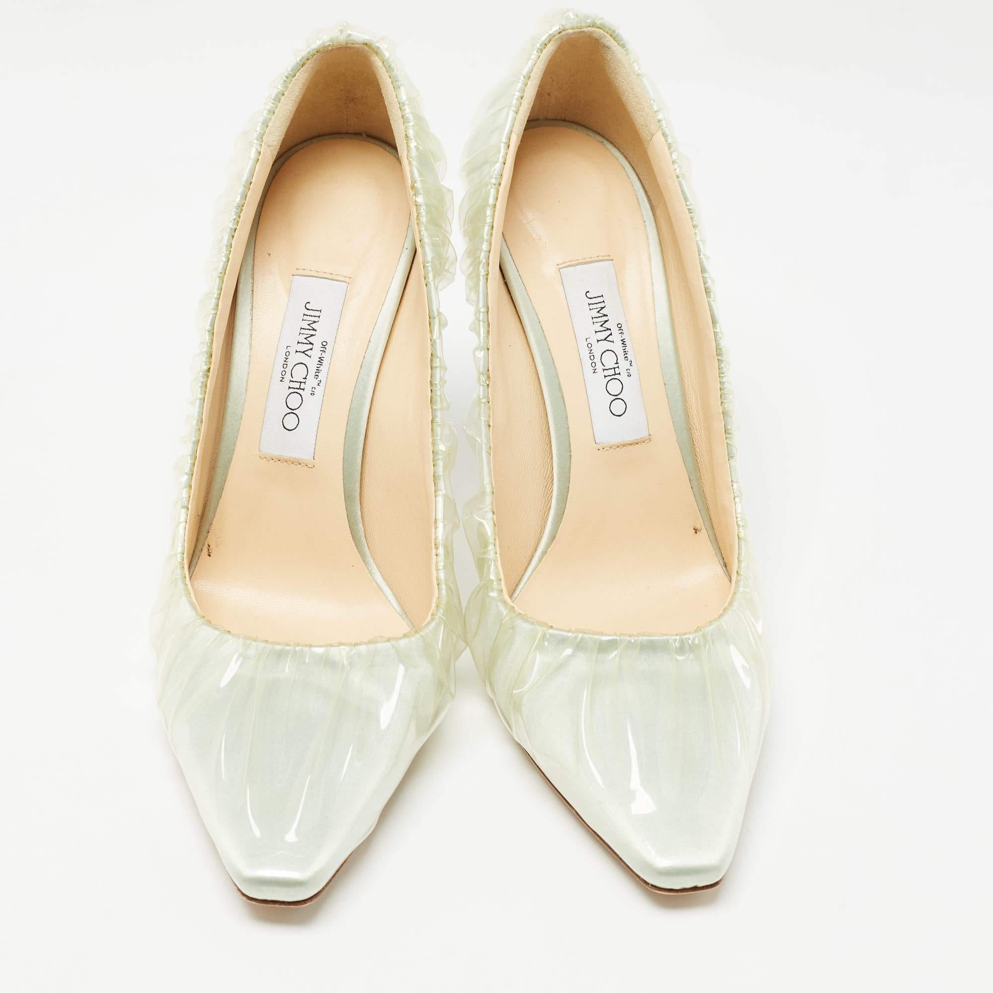 Beige Jimmy Choo x Off-White Light Blue Satin and Pleated PVC Anne Pumps Size 39 For Sale