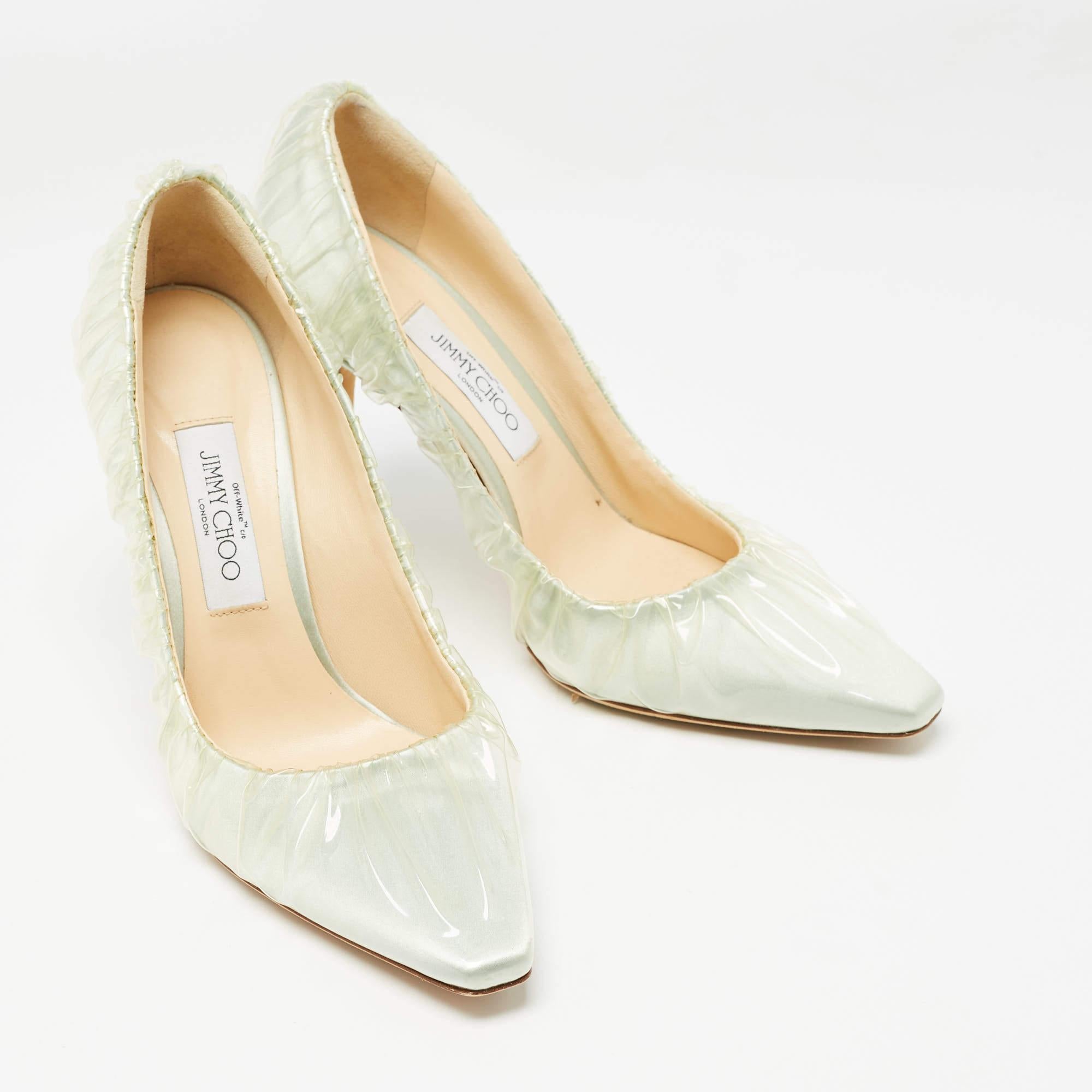 Jimmy Choo x Off-White Light Blue Satin and Pleated PVC Anne Pumps Size 39 In Good Condition For Sale In Dubai, Al Qouz 2