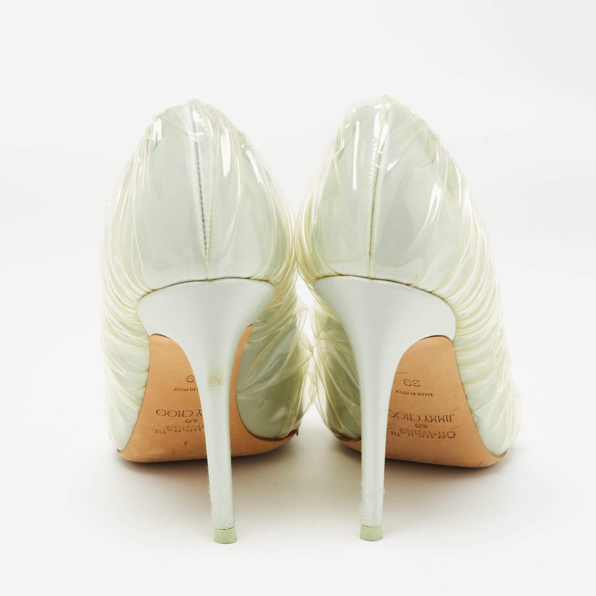 Women's Jimmy Choo x Off-White Light Blue Satin and Pleated PVC Anne Pumps Size 39 For Sale