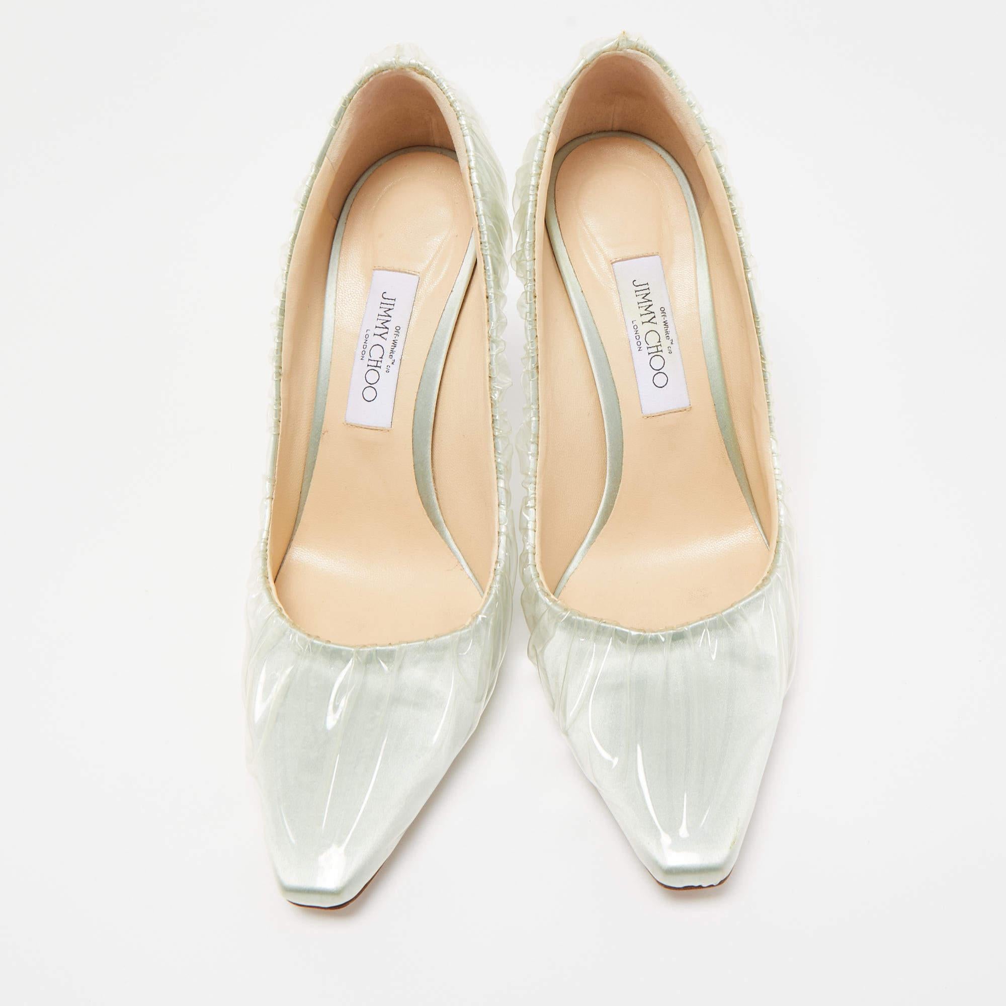 Beige Jimmy Choo x Off-White Light Green Satin and Pleated PVC Anne Pumps Size 41