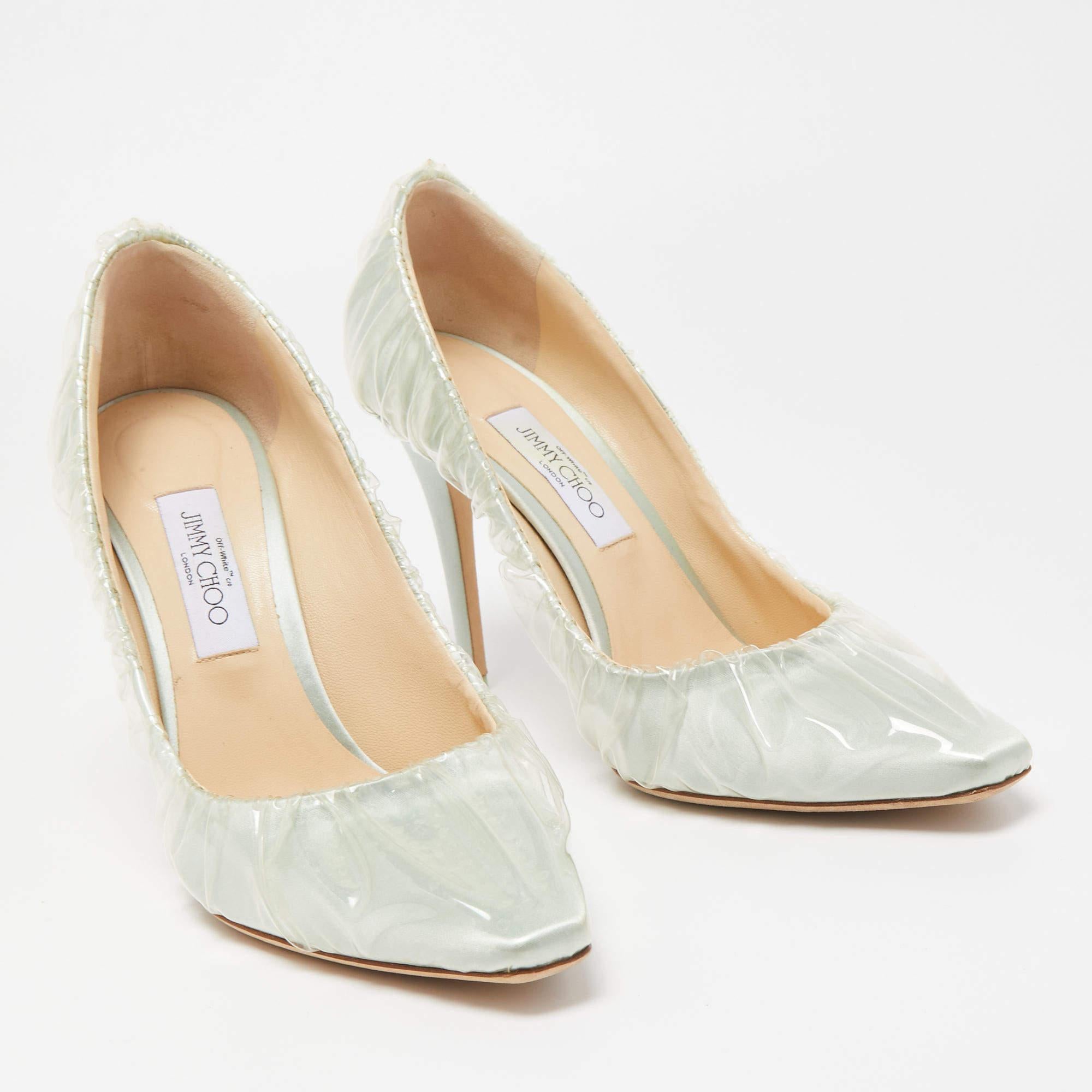Jimmy Choo x Off-White Light Green Satin and Pleated PVC Anne Pumps Size 41 In Good Condition For Sale In Dubai, Al Qouz 2