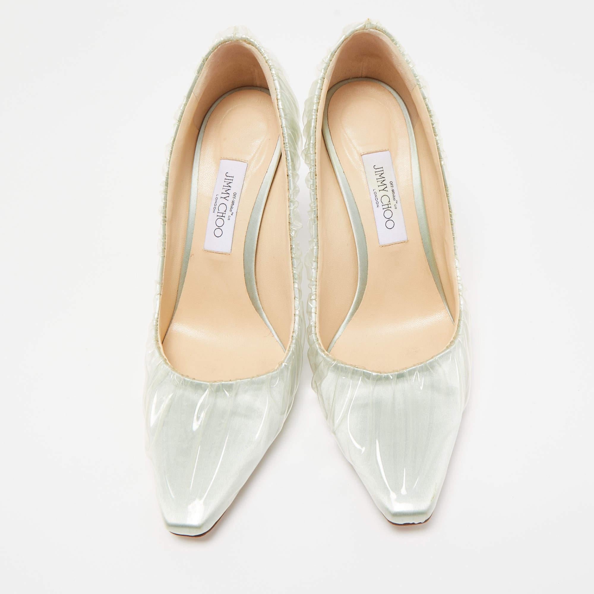 Women's Jimmy Choo x Off-White Light Green Satin and Pleated PVC Anne Pumps Size 41 For Sale